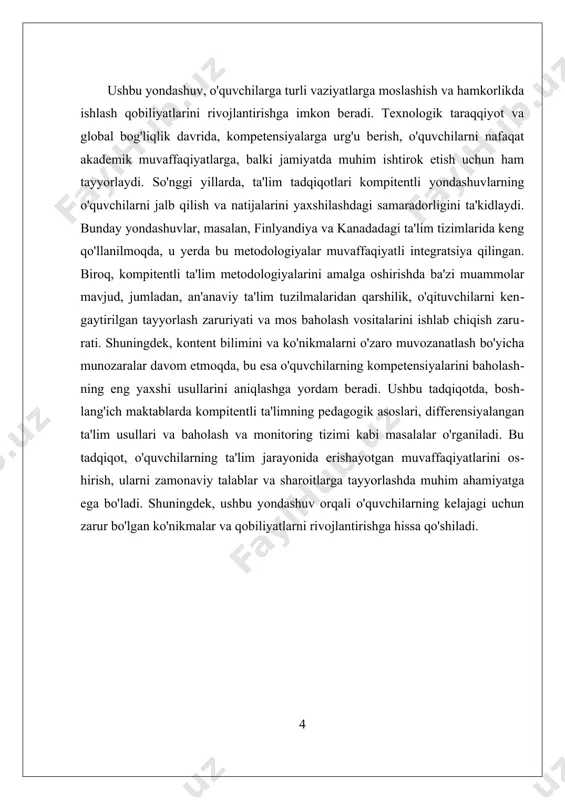 jamiyatda muvaffaqiyatli faoliyat yuritish uchun zarurdir. 5. **nizom va me'yorlar**: o'qituvchilar ta'lim jarayonida ko'rsatma va me'yorlarni aniqlab, o'quvchilarning kompetensiyalarini baholash va rivojlantirish uchun zarur shart-sharoitlarni yaratadilar. bu jarayonda baholashning turli usullari, jumladan, formativ va summativ baholash, o'quvchilarning taraqqiyotini kuzatish va tahlil qilish uchun qo'llaniladi. 6. **o'z-o'zini baholash**: o'quvchilarga o'z bilim va ko'nikmalarini tahlil qilish va baholash imkoniyatini berish, ularning o'z-o'zini rivojlantirishga bo'lgan qiziqishini oshiradi. o'z-o'zini baholash orqali o'quvchilar o'zlari uchun maqsadlar belgilash va ularga erishish yo'lida harakat qilish imkoniyatiga ega bo'ladilar. kompitentli ta'limning pedagogik asoslari o'qituvchilarga o'z faoliyatlarini yanada samarali tashkil etishga yordam beradi. shuningdek, bu yondashuv o'quvchilarning ta'lim jarayonida faolligini oshiradi, ularning o'z-o'zini rivojlantirishga bo'lgan qiziqishini kuchaytiradi va hayotiy ko'nikmalarini shakllantirishga imkon yaratadi. shu bilan birga, zamonaviy ta'lim tizimida kompetensiyalarni rivojlantirish orqali o'quvchilarni kelajakdagi muammolarga tayyorlashga erishiladi. ii. boshlangʻich maktabda differensiyalangan ta'lim usullari boshlangʻich maktabda differensiyalangan ta'lim usullari, o'quv jarayonida har bir o'quvchining individual ehtiyojlarini hisobga olgan holda ta'lim …