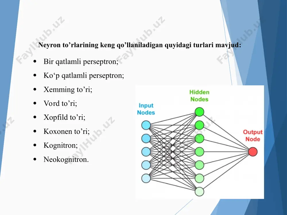 image49.png image50.png image51.png image1.jpeg  bir qatlamli perseptron;  ko‘p qatlamli perseptron;  xemming to’ri;  vord to’ri;  xopfild to’ri;  koxonen to’ri;  kognitron;  neokognitron.