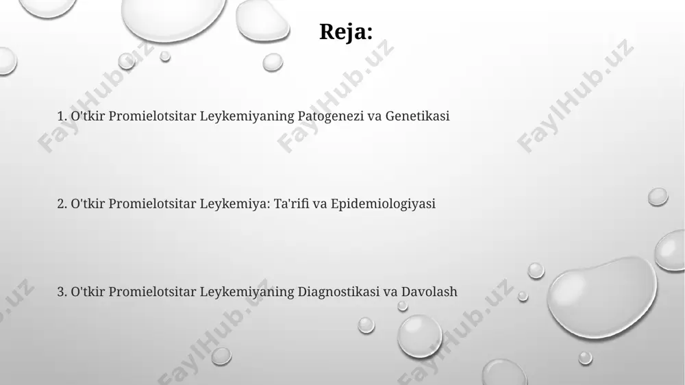 am beradi, bu esa diagnostika uchun muhim ahamiyatga ega. bu dunyoning ko'plab tibbiyot markazlarida qo'llaniladigan usul hisoblanadi. o'tkir promielotsitar leykemiyada periferik qon tekshiruvi leykotsitoz (10-100 x 10⁹/l gacha), anemiya va trombotsitopeniyani ko'rsatishi mumkin, bu esa kasallikning og'irligini aks ettiradi. sitogenetik tahlil t(15;17)(q22;q21) translokatsiyasini aniqlash imkonini beradi, bu esa apl ning xarakterli belgisi hisoblanadi va shu orqali diagnostika aniqligi 95% dan yuqori bo'ladi, masalan, aqshdagi katta klinikalarda. davolash usullari all-trans retinoik kislotasi (atra) bilan birgalikda, arsenik trioksidi (ato) kabi bir nechta dorilar bilan biriktirilgan davolash rejimi, xususan, aqsh va yevropa mamlakatlarida keng qo'llaniladi va 90% dan ortiq bemorlarda to'liq remissiyaga erishiladi. suyak ko'migi transplantatsiyasi, ayniqsa, qaytalanish xavfi yuqori bo'lgan bemorlar uchun, masalan, 25 yoshdan oshgan bemorlar yoki genetik mutatsiyalarga ega bemorlar uchun, muhim davolash usuli hisoblanadi va butun dunyo bo'ylab, jumladan o'zbekistonda ham qo'llaniladi. o'tkir promielotsitar leykemiyani davolashda yuqori dozalarda antratsilinlar, masalan, idarubitsin 100 mg/m² dan yuqori dozalarda qo'llanilishi, shuningdek, ko'p …