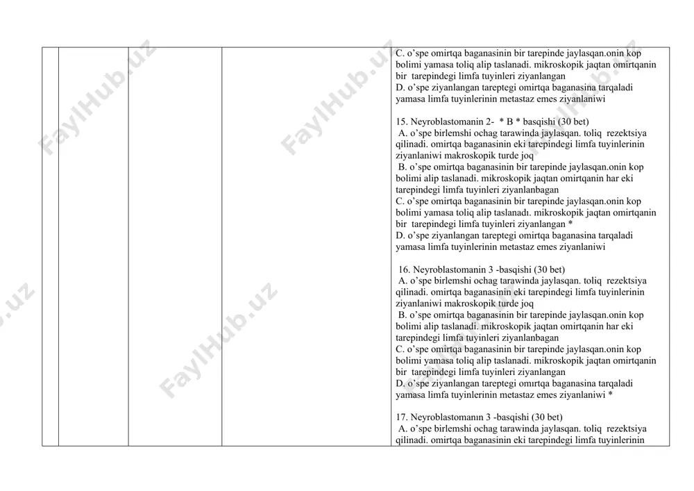 tuyinleri ziyanlangan d. omirtqa baganasinin basqa tarepindegi limfa tuyinlerinen metastaz bergen bir tarepleme o’spe* 18. neyroblastomanın 3 -basqishi (30 bet) a. o’spe birlemshi ochag tarawinda jaylasqan. toliq rezektsiya qilinadi. omirtqa baganasinin eki tarepindegi limfa tuyinlerinin ziyanlaniwi makroskopik turde joq b. o’spe omirtqa baganasinin bir tarepinde jaylasqan.onin kop bolimi alip taslanadi. mikroskopik jaqtan omirtqanin har eki tarepindegi limfa tuyinleri ziyanlanbagan c. o’spe omirtqa baganasinin bir tarepinde jaylasqan.onin kop bolimi yamasa toliq alip taslanadi. mikroskopik jaqtan omirtqanin bir tarepindegi limfa tuyinleri ziyanlangan d.omirtqa baganasinin eki tarepindegi limfa tuyinlerinin orayliq metastazi * 19. neyroblastomanin 4- basqıshi(30 bet) a. o’spe birlemshi ochag tarawinda jaylasqan. toliq rezektsiya qilinadi. omirtqa baganasinin eki tarepindegi limfa tuyinlerinin ziyanlaniwi makroskopik turde joq b. uzaq limfa tuyinleri . skelet suyekleru. o'kpe ham basqa organlarga ospenin disseminirlengen tarqaliwi * c. o’spe omirtqa baganasinin bir tarepinde jaylasqan.onin kop bolimi yamasa toliq alip taslanadi. mikroskopik jaqtan omirtqanin bir tarepindegi limfa tuyinleri ziyanlangan d. …