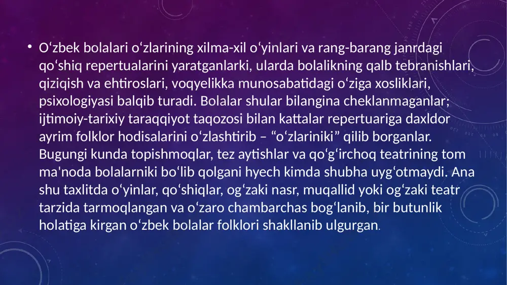 huqurlashgani sayin ular ijod va ijro etgan qo‘shiqlar ham shakl, ham mazmun jihatidan teranlashib, takomillashib boradi. shu zaylda uchlik, to‘rtlik, beshlik, oltilik va sakkizlik shaklidagi qo‘shiqlar yuzaga kelgan. ayniqsa, to‘rtlik shakli bolalar repertuarida keng tarqalgan. shuningdek, kompozitsion jihatdan dialog negizida qurilgan qo‘shiqlar ham anchagina. odatda, ular aytishuvlar (aytishmalar) ham deyiladi. hajman anchayin katta voqyeaband qo‘shiqlar ham bor. xullas, lirik qo‘shiqlar qanday hajm va shaklda bo‘lishidan qat'iy nazar bolalar yoshi va saviyasi darajasida ijtimoiy voqyelikka poetik munosabat ifodasi sifatida yaratilganligi bilan xarakterlanadi. b) bolalar ham hazil-mutoyibaga alohida rag‘bat bilan qarashadi. bir-birlarida tabiiy yoki ma'naviy qusur hamda kamchiliklarni payqashgan zahotiyoq tap tortmasdan, ayashmay, avvaliga nomga qofiyadosh laqab topib, keyinroq – jarayon chuqurlashgani sari shu laqabning ohangdoshligiga omuxta ritmga uyg‘unlashgan hazilni chuqurlashtirib mazax qilishadi, tegishadi, hatto ota-onalaridagi nojo‘ya xatti-harakatlarni ham boplab yuzlariga solishadi. bolalar, aql-idroklari to‘lisha va teranlasha borgani sayin, ijtimoiy voqyelikka ham faolroq munosabatda bo‘lishga harakat qiladilar. shu jarayonda payqagan ijtimoiy illatlarni …