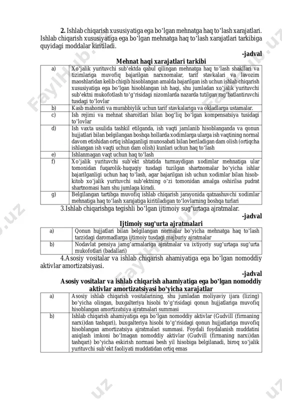 i tarkibiy bo’linmalari tomonidan bajariladigan faoliyatning asosiy turiga tegishli bo’lmagan ishlab chiqarish xususiyatiga ega bo’lgan ishlar va xizmatlar e) tabiiy xom ashyo (er rekultivatsiyasiga ajratmalar, ixtisoslashtirilgan yuridik shaxslar tomonidan amalga oshiriladigan erni rekultivatsiya qilish ishlariga haq to’lash), ildizi bilan beriladigan daraxtga haq to’lash, korxonalar tomonidan suv xo’jaligi tizimlaridan beriladigan iste’mol qilinadigan suv uchun haq to’lash. sanoatning xom ashyo tarmoqlari uchun — yog’och, taxta materiallaridan yoki foydali qazilmalardan (rudadan) foydalanishga huquqlarning amortizatsiya qilinadigan qiymati yoki atrof muhitni tiklash xarajatlari f) texnologik maqsadlarga, energiyaning barcha turlarini ishlab chiqarishga, binolarni isitishga sarflanadigan yonilg’ining chetdan sotib olinadigan barcha turlari, xo’jalik yurituvchi sub’ektlarning transporti tomonidan bajariladigan ishlab chiqarishga xizmat ko’rsatish bo’yicha transport ishlari g) xo’jalik yurituvchi sub’ektning texnologik, transport va boshqa ishlab chiqarish va xo’jalik ehtiyojlariga sarflanadigan barcha turdagi xarid qilinadigan energiya. (xo’jalik yurituvchi sub’ektning o’zi tomonidan ishlab chiqariladigan elektr energiyasiga va energiyaning boshqa turlariga, shuningdek xarid qilinadigan energiyani iste’mol joyigacha transformatsiya qilish va uzatish …
