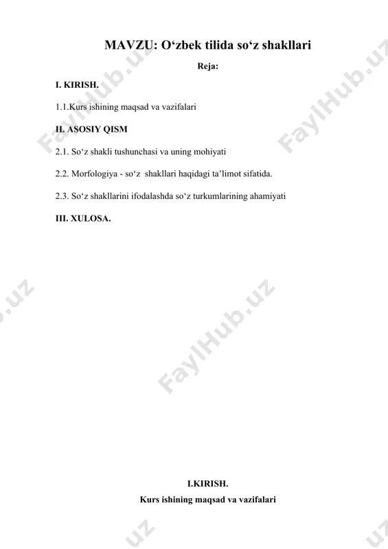 iqot vazifalari. tadqiqotda quyidagi vazifalarni bajarish ko‘zda tutildi: − tilshunoslikda so‘z shakllari to‘g‘risidagi ma‘lumotlarni tahlil qilish; − tilda so‘z shakllarini hosil qiluvchi grammatik vositalarni aniqlash; − morfologiya qismlari haqida ma’lumotga ega bo‘lish; tadqiqotning obyekti. hozirgi o‘zbek adabiy tilidagi so‘z shakllari tadqiqot metodologiyasi va bajarilish usullari. tadqiqotning metodologik asosi sifatida dialektikaning umumiylik-xususiylik, shakl-mazmun tamoyillari tanlandi. ishda lingvopoetik, uslubiy, qiyosiy tahlil usullaridan keng foydalanildi. ii. asosiy qism 2.1. so‘z shakli tushunchasi va uning mohiyati soʻz shakli — muayyan grammatik shakldagi muayyan so‘zni bildiruvchi termin. nutq birligi boʻlmish suz qamma vaqt (yaʼni nutqda) muayyan maʼno va vazifani bildiruvchi shaklga ega buladi va u soʻz shakli hisoblanadi. bu xususiyat faqat mustaqil suz turkumlariga, shunda ham faqat ot, sifat va feʼl turkumlariga oid suzlar uchun xosdir. bu turkumlarga oid suzlar nutqda oʻzi mansub boʻlgan turkumga xos muayyan grammatik maʼno va vazifani voqelantiruvchi (reallashtiruvchi) shakllarda qoʻllanadi. masalan, otlar son va kelishik kategoriyasiga xos shakllardan birida (doʻstlarga …