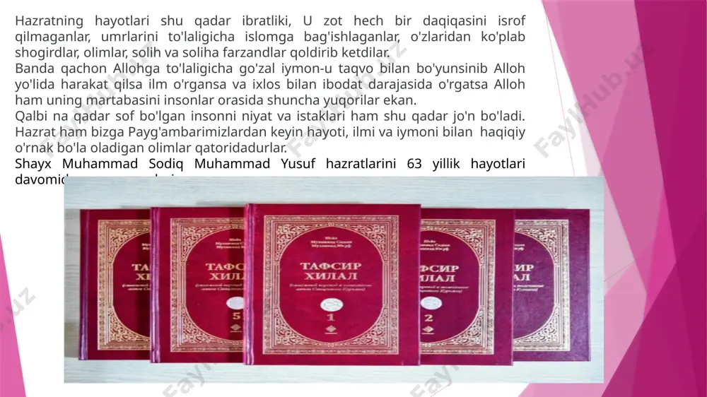 g “kitabul-birri vas-sila” asarining tarjima va sharhi); 21. islomning madori boʻlgan hadislar rukni (kichik 4 jild); 22. iymon; 23. islomda inson huquqlari; 24. islomda ekologiya; 25. vasatiya – hayot yoʻli; 26. mukammal saodat yoʻli; 27. oila farogʻat qasri; 28. baxtiyor oila; 29. ijtimoiy odoblar; 30. islom – sof tabiat dini; 31. din nasihatdir; 32. bozor va unga bogʻliq masalalar; 33. qarz va unga bogʻliq masalalar; 34. folbinlik, sehrgarlik, jin chiqarish va noanʼanaviy davolash kabi ishlar haqiqati; 35. yolgʻon; 36. isrof; 37. shoyadki taqvodor boʻlsak; 38. moʻminning meroji – mufassal namoz kitobi (kiril va lotin alifbolarida); 39. ramazonni qarshilab; 40. hidoyat imomi - imom abu mansur moturidiy; 41. samarqandning sara ulamolari; 42. ochiq xat; 43. keksalarni eʼzozlash; 44. sogʻlom bola; shahodat va yorliqlari: 1. imom buxoriy nomidagi toshkent islom instituti shahodatnomasi; 2. “islomiy daʼvat kulliyasi” oliygohining arab tili va islomiy ilmlar boʻyicha “litsensiat” shahodatnomasi, 1980-yil; 3. liviya jamohiriyasi tomonidan berilgan “buyuk …