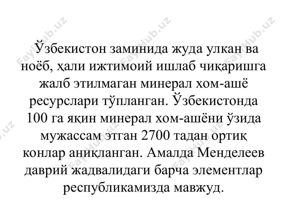 , рух, молибден, никель, кобальт, қалай, сурма, симоб, алюминий 7 бошқа рангли металлар 10 4. радиоактив металлар, нодир элементлар ва нодир ер элементлари уран, торий, радий 8 вольфрам 2,7 рений, селен, теллур, индий, висмут, тантал, ниобий, бериллий, литий, рубидий, цезий, галий, титан, цирконий, гафний, таллий, кадмий 8 лантан ва лантаноидлар, иттрий, скандий 8 бошқа радиоактив металлар, нодир элементлар ва нодир ер элементлари 8 2023 йилда солиқ ставкалари т/р фойдали қазилмалар гуруҳи солиқ солиш объектининг номи солиқ ставкалари, %да 5. нодир тош хом ашёси феруза, лиственит, родонит, змеевик, мармар йўл-йўл ақиқ, кахолонг, яшма, халцедон, ақиқ, гематит ва бошқа қимматбаҳо, ярим қимматбаҳо ва зеб‑зийнат учун тошлар хом ашёси 10 6. қора металлар темир 2 титан, марганец, хром, ванадий ва бошқа қора металлар 4 7. кон-кимё хом ашёси минерал пигментлар 5,5 йод 4,8 минерал тузлар (тош туз (овқатга ишлатиладигани), калий тузи, сульфат тузи), карбонат хом ашёси (оҳактошлар, доломитлар), минерал ўғитлар (глауконит, фосфоритлар ва …