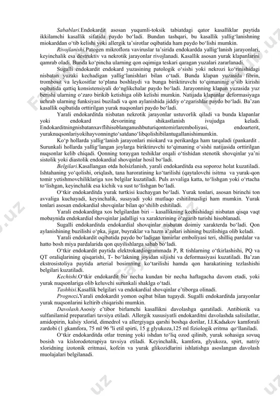 kasallik yurakning falaji oqibatidagi o‘lim yoki miokardiofibroz bilan tugallanadi. tashhisi. belgilari va ekg natijalari e’tiborga olinadi. 5 daqiqa yugurtirilib pulsni aniqlash orqali o‘tkazilgan funksional sinamada 2-5 daqiqadan keyin ham pulsning tezlashishi davom etadi. qiyosiy tashhisda perikardit, endokardit va miokardozdan farqlanadi. prognozi. ertachi va samarali davolash natijasida hayvon sog‘ayib ketishi mumkin. ko‘p hollarda kasallik ulim bilan tugaydi yoki miokardiodegeneratsiya, miokardiofibroz, miokardioskleroz kabi asoratlarrivojlanadi. hayvonningn mahsuldorlik va ish qobiliyati yo‘qoladi. davolash. kasal hayvonga to‘liq dam beriladi unga salqin va shovqinsiz joy sharoiti yaratiladi. yurak sohasiga rezina qopcha yordamida sovuq suv bosiladi. katta hayvonlarga 80-100 l miqdorida, kichik hayvonlarga 10-15 l kislorod ingalyasiya qilinadi yoki teri ostiga (6-10, 0,5-1 l kislorod yuboriladi. allergiyaga qarshi vositalardan qoramollarga 15-75 g, otlarga 10-15 g, mayda hayvonlarga 5-10 g, itlarga 0,2-2 g dan natriy salitsilat beriladi yoki vena qon tomiri orqali katta hayvonlarga 150-400, mayda hayvonlarga 20-30 ml dan 10 % li kalsiy xlorid eritmasidan yuboriladi. kasallikning …