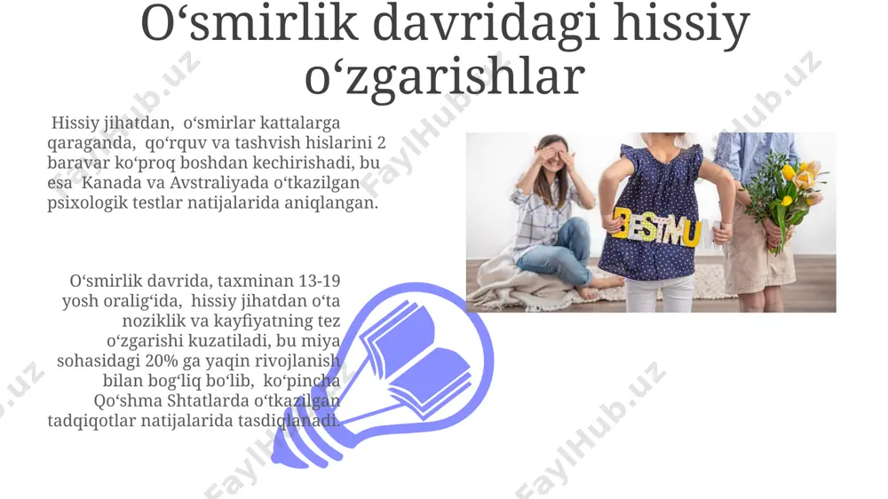 shqlar yurak-qon tomir kasalliklari xavfini 20% ga kamaytiradi va toshkentdagi oʻsmirlar orasida stress darajasini pasaytiradi. 15-16 yoshdagi oʻsmirlarning 70% ga yaqini internetdan foydalanish bilan bogʻliq muammolarga duch keladi; shu sababli, raqamli salomatlik, ya'ni ekran vaqtini cheklash va ijtimoiy tarmoqlardan oqilona foydalanish, sogʻlom turmush tarzining muhim tarkibiy qismidir. oʻsmirlik davrida stress va uning oqibatlari oʻsmirlik davrida, taxminan 13-19 yosh oraligʻida, stress darajasi yuqori boʻlib, aqsh tadqiqotlariga koʻra, depressiya va xavotirlilikka olib kelishi mumkin, bu esa oʻquv natijalariga salbiy taʼsir koʻrsatadi. toshkentdagi maktablarda oʻtkazilgan soʻrovnomalar shuni koʻrsatdiki, oʻsmirlarning 60% dan ortigʻi oilaviy muammolar va tengdoshlar bosimi tufayli yuqori stress darajasini boshdan kechirmoqda. oʻsmirlik davrida ijtimoiy munosabatlar oʻzbekistonning qishloq joylarida yashovchi oʻsmirlarning 60% ga yaqini oilaviy munosabatlarga koʻproq e'tibor qaratadi, shaharlarda esa bu koʻrsatkich 40% atrofida. ijtimoiy munosabatlardagi bu farq madaniy omillar bilan bogʻliq. global miqyosda olib qaralgan tadqiqotlar shuni koʻrsatadiki, oʻsmirlarning 25% i kiberzolimga duch kelgan va bu ularning ijtimoiy munosabatlariga salbiy …