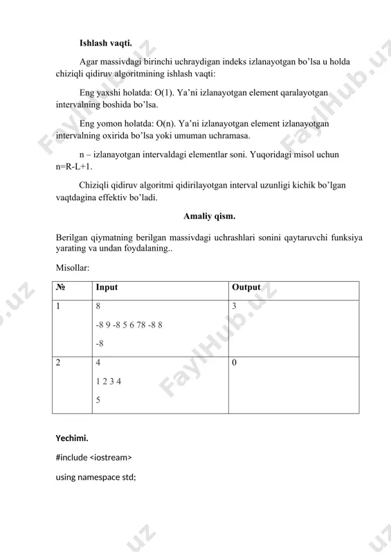 ng berilgan massivdagi uchrashlari sonini qaytaruvchi funksiya yarating va undan foydalaning.. misollar: № input output 1 8 -8 9 -8 5 6 78 -8 8 -8 3 2 4 1 2 3 4 5 0 yechimi. #include using namespace std; int cnt_accureces(int x, int a[], int n) { int res = 0; for (int i = 0; i > n; int a[n]; for (int i = 0; i > a[i]; } int x; cin >> x; cout << cnt_accureces(x, a, n) << endl; } topshiriqlar 1-topshiriq sizga bir o’lchamli sonli massiv va k soni berilgan. sizning vazifangiz k soniniberilgan massivdan izlovchi dastur tuzish. ya’ni qaysi pozitsiyalarda ucharishini topish massiv indeksi 1 dan boshlanadi. kiruvchi ma’lumotlar birinchi qatorda n butun soni –massiv elementlari soni berilgan(1≤n≤100). ikkinchiqatorda n ta son – massiv elementlari bitta probel bilan ajratilib berilgan. uchinchiqatorda izlanayotgan k soni berilgan. massiv elementlari va k soni butun va moduljihatdan 1000 …
