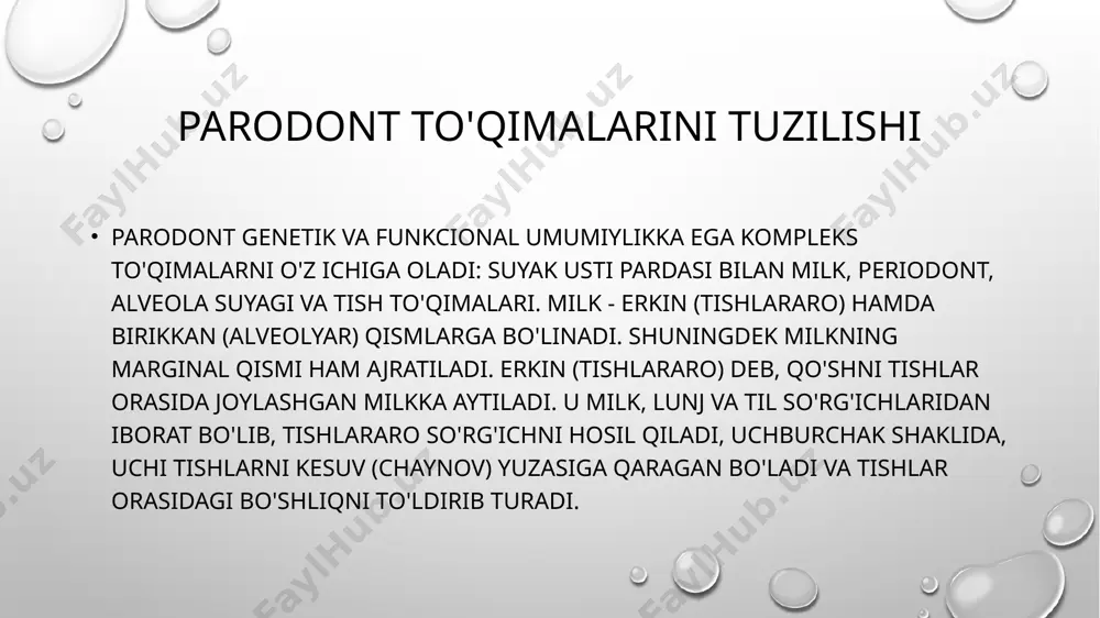 yoki undan tashqari organlardagi patologik jarayonlarga qarab o'zgarishi mumkin. periodontni bog'lovchi apparat bog'lar bo'lib joylashgan ko'p sonli kollagen tolalardan iborat, ular orasida qon tomirlar, xujayralar, xujayralararo modda joylashgan.periodont tolalarining asosiy vazifasi chaynash vaqtida hosil bo'ladigan mexanik energiyani alveola suyak to'qimasiga, asab receptor apparat va periodontni mikrocirkulyar oqimiga taqsimlab berishdan iborat. periodontning xujayraviy tuzilishi juda hilma-hildir. periodontda fibroblastlar plazmatik va semiz xujayralar, gistocitlar res elementlari va x.k. ular periodontni apikal qismida suyakka yaqinlashib, yuqori darajada moddalar almashinuv jarayonlari kechadi.ko'rsatilgan xujayralardan tashqari epitelial qoldiqlar, periodontda tarqalgan xujayralar yig'indisi ham bor. ko'pchilik mualliflar ularni tish hosil qiluvchi epiteliy qoldiqlariga kiritishadi. bu hosilalar uzoq vaqt namoyon bo'lmay periodontda turishi mumkin. faqatgina qandaydir sababalarga ko'ra (ta'sirlanish, bakterial ta'sirlar, va hk) xujayralar patologik hosilalar manbai bo'lib qolishi mumkin. masalan: epitelial granulyoma, kista, parodontal cho'ntaklardagi epitelial boylamgaperiodontni struktura elementlarida oksidlanish-qaytarilish fermentlari sukcinatdegidrogenaza, laktatdegidrogenaza, nad- va nadf-diaferaza, glyukoza-6-fosfatdegidrogenaza, shuningdek fosfataza va kollagenaza aniqlanadi. parodontning funkciyalari parodontga doimo tashqi …