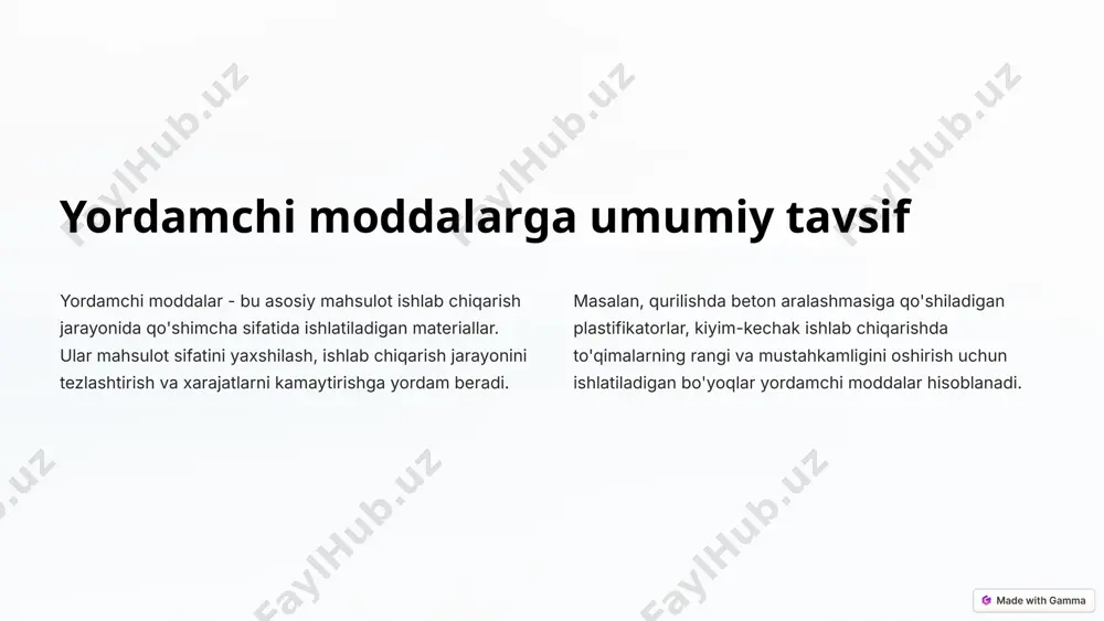 ertifikatlash tizimlari joriy etiladi. ishlab chiqarish texnologiyalari ekologik jihatdan toza texnologiyalarni joriy etish va chiqindilarni kamaytirish uchun davlat tomonidan rag'batlantiruvchi choralar ko'riladi. soliq imtiyozlari innovatsion va ekologik jihatdan toza yordamchi moddalar ishlab chiqaruvchilarga soliq imtiyozlari va grantlar taqdim etiladi. 5 yangi yordamchi moddalar ishlab chiqaruvchi yetakchi korxonalar 1 basf kimyo sanoatida global yetakchi, nanomateriallar, polimerlar va boshqa innovatsion yordamchi moddalar ishlab chiqaradi. 2 dow plastiklar, kimyoviy moddalar va qishloq xo'jaligi mahsulotlari ishlab chiqarishda global yetakchi. 3 dupont turli sohalarda ishlatiladigan keng qamrovli yordamchi moddalar, shu jumladan, polimerlar, kimyoviy moddalar va materiallar ishlab chiqaradi. 6 yangi yordamchi moddalar ishlab chiqarish texnologiyalari nanotexnologiya nanomateriallarni yaratish va ularning xususiyatlarini nazorat qilish usullari. 3d bosib chiqarish yordamchi moddalarni shakllantirishda yangi imkoniyatlar yaratadi, individuallashtirilgan va murakkab dizaynlarni yaratishga imkon beradi. biotexnologiya biologik manbalardan yangi yordamchi moddalar ishlab chiqarish texnologiyalari. 7 yangi yordamchi moddalarning ekologik xavfsizligi 1 qayta ishlanishi mumkin bo'lgan materiallar qayta ishlanishi mumkin bo'lgan …