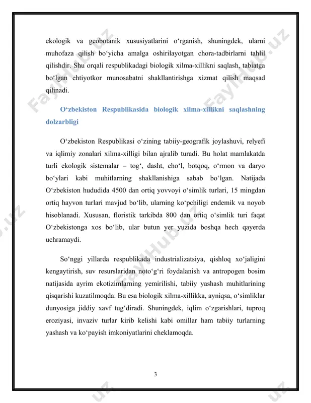 oto‘g‘ri foydalanish va antropogen bosim natijasida ayrim ekotizimlarning yemirilishi, tabiiy yashash muhitlarining qisqarishi kuzatilmoqda. bu esa biologik xilma-xillikka, ayniqsa, o‘simliklar dunyosiga jiddiy xavf tug‘diradi. shuningdek, iqlim o‘zgarishlari, tuproq eroziyasi, invaziv turlar kirib kelishi kabi omillar ham tabiiy turlarning yashash va ko‘payish imkoniyatlarini cheklamoqda. biologik xilma-xillikning saqlanishi esa nafaqat ekologik, balki iqtisodiy va ijtimoiy barqarorlik bilan bevosita bog‘liqdir. o‘simliklar inson hayotida oziq-ovqat, dori-darmon, kiyim-kechak, qurilish materiallari va hatto toza havoning manbai sifatida xizmat qiladi. ayniqsa, dorivor o‘simliklar farmatsevtika, an’anaviy tabobat va xalq salomatligi uchun nihoyatda muhim hisoblanadi. shu bois, yo‘qolib ketish xavfi ostida turgan har bir o‘simlik turini asrash, uni ilmiy asosda hujjatlashtirish va monitoring qilish zamonaviy ekologik siyosatning ajralmas qismidir. o‘zbekiston respublikasi biologik xilma-xillikni muhofaza qilish bo‘yicha bir qator milliy va xalqaro tashabbuslarni qo‘llab-quvvatlamoqda. xususan, “biologik xilma-xillik to‘g‘risida”gi qonun, “ekologik ekspertiza to‘g‘risida”gi qonun, “tabiatni muhofaza qilish davlat qo‘mitasi” faoliyati, shuningdek, “qizil kitob” nashr etilishi – bularning barchasi muhofaza sohasidagi dolzarb …