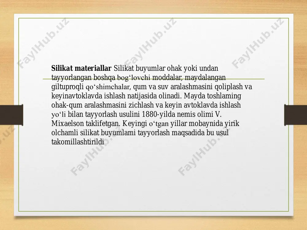 aralashmani qizdirish va klinker hosil qilish klinkerni qo’shimchalar bilan birgalikda mayda kukun qilib tuyish xom ashyo xossasi va qizdirish xumdonlarining turiga qarab xo’l yoki quruq usulda tayyorlanadi. xo’l usulda xom ashyo aralashmasi tarkibida 40% gacha suv bo’lgan suyuq massa(shlam) tarzida tayyorlanadi. quruq usulda esa xom ashyo aralashmasi quruq holda qizdiriladi. ohaktosh konusli va bolg’ali maydalagichlarda ikki bosqichda maydalanadi, so’ngra qorgichlarda hosil qilingan gil suspenziyasi bilan birgalikda sharli tegirmonlarda maydalanadi. 1-rasm. xo’l usulda portlandsement ishlab chiqarish texnologik sxemasi 2-rasm. ko’p kamerali sharli tegirmon . 3-rasm. vertikal tipdagi shlam xovuz shlam tarkibini rostlash uchun u nasoslar vositasida silindrik shlam hovuzlariga quyiladi. rostlashda shlamning kimiyoviy tarkibi aniqlanadi (asosan caco3 ning miqdori aniqlanadi) va olingan ma’lumotlarga muvofiq unga boshqa tarkibdagi shlamning (caco3 bilan boyitilgan yoki boyitilmagan) qat’iy ma’lum miqdori qo’shiladi 4-rasm. gorizontal tipdagi shlam xovuz 5-rasm. aylanma xumdon xom ashyo aralashmasi aylanma xumdonlarda kuydiriladi, kuydirish harorati 14500s. shlamni qizigan gazlar quritadi va guvalachalar hosil …