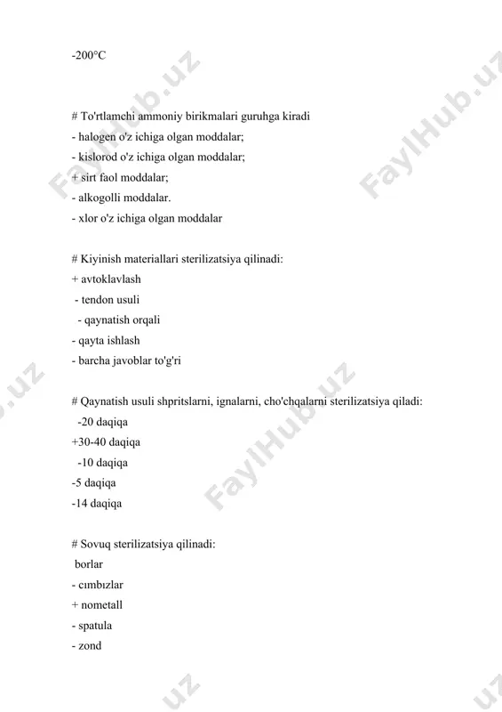 ta # sterilizatsiya qilish uchun biksni yotqizish qanday bo'lishi kerak? + qatlamlar orasidagi bug ' o'tishi uchun bo'sh - zich, shuning uchun iloji boricha ko'proq sterilizatsiya qilinadigan material biksga mos keladi - biksni yotqizish zichligi muhim emas, eng muhimi – sterilizatsiya uskunasining ishlash tartibi - barcha javoblar to'g'ri - biksni yotqizish zichligi muhim emas # to'qimachilik, shisha, metalldan tayyorlangan mahsulotlarni bug ' bilan sterilizatsiya qilishda sterilizatsiya uskunalarining ishlashini nazorat qilish usullarini aniqlang: + karbamid, 132o c da termal indikatorli lenta - benzoik kislota, oltingugurt, 120 ° c da termal indikatorli lenta - vodorod peroksid 4% - kaliy permanganat (kristallar) - spirtli ichimliklar 90% # lateks, kauchuk, polimer mahsulotlarini sterilizatsiya qilishda sterilizatsiya uskunasining ishlashini boshqarish usullarini tanlang: - karbamid, 132o c da termal indikatorli lenta + benzoik kislota, oltingugurt, 120 ° c da termal indikatorli lenta - fenolftalein - xlorli - spirtli ichimliklar - barcha javoblar to'g'ri #. mahsulotlar aseptik qadoqlashsiz …