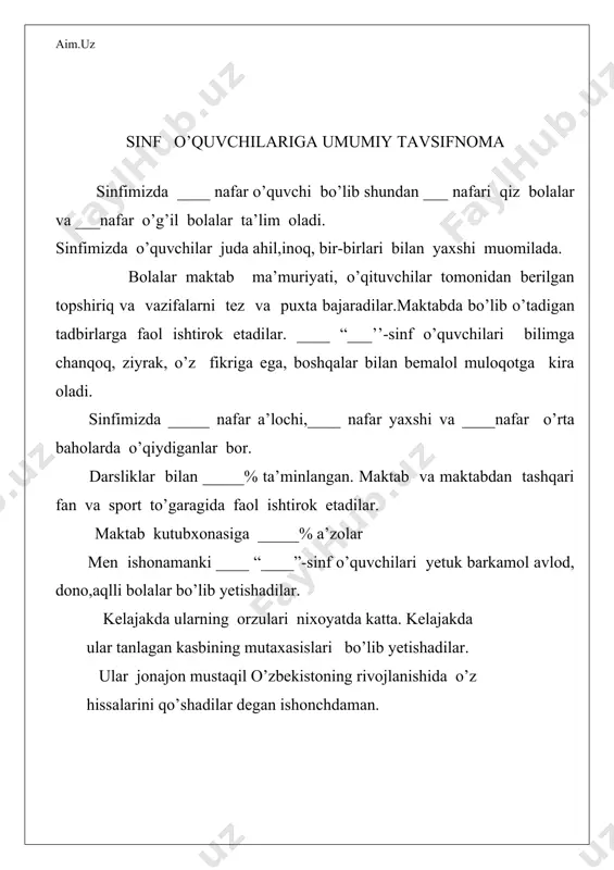 dalar bilan tanishganimni o’z imzoim bilan tasdiqlayman № o’quvchining familiyasi va ismi 1-yarim yillik 2-yarim yillik sana imzo sana imzo 1 2 3 4 5 6 7 8 9 10 11 12 13 14 15 16 17 18 19 20 21 22 23 24 25 26 27 28 29 30 31 32 33 34 35 36 37 38 39 40 мa’naviyat (tarbiyaviy) soatlar rejasi t/r mavzular soat o’tilgan sana 1 2 3 4 5 6 7 8 9 10 11 12 13 14 15 16 17 18 19 20 21 22 23 24 25 26 27 28 29 30 31 32 33 34 35 36 37 38 39 40 o’quvchining darslik bilan ta’minlanishi t/r o’quv predmeti nomi o’quvchining familiyasi va ismi o’quvchi- ning imzosi 1 2 3 4 5 6 7 8 9 10 11 12 13 14 15 16 17 18 19 20 21 22 23 24 25 26 …