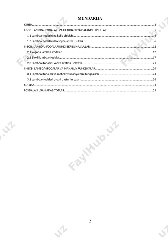 i ikkita xususiyat diqqatga sazovordir: linq va lambda iboralari. linq qisqartmasi birlashgan so'rovlar tilini anglatadi. ushbu til vositasi c # elementlari yordamida ma'lumotlar bazasida so'rovlarni yaratishga imkon beradi va lambda iboralari lambda operatoridan foydalanadigan funktsiyalarning sintaksisidir => va lambda ifodalari ko'pincha linq ifodalarida qo'llaniladi. bu kurs ishida c# daturlash tilida lambda-ifodalardan foydalanish metodikasi ko’rib chiqildi. kurs ishi kirish, 3 bob, mavzuga oid testlar, xulosa va adabiyotlar ro’yxatidan iborat. birinchi bobda lambda-ifodalar va uning imkoniyatlari haqida batafsil ma’lumot beriladi. u ikki paragrafdan iborat bo’lib, birinchi paragrafda lambda-ifodalarining kelib chiqishi haqida umumiy ma’lumotlar beriladi. ikkinchi paragrafda lambda-ifodalaridan foydalanish metodikasi yoritiladi. ikkinchi bobda lambda-ifodalarining berilishi turlari yoritilib, u ikki paragrafdan iborat. uchinchi bob lambda-ifodalari va mahalliy funksiyalar haqida bo’lib u ikki paragrafdan iborat. birinchi paragrafida lambda-ifodalari va mahalliy funksiyalar o’rtasidagi farqlar keltirib o’tilgan. ikkinchi paragrafda tajriba natijalarini tahlil qilishga doir dasturlar keltiriladi. xulosada olingan natijalar haqida so’z yuritiladi. ish foydalanilgan adabiyotlar ro’yxati bilan …