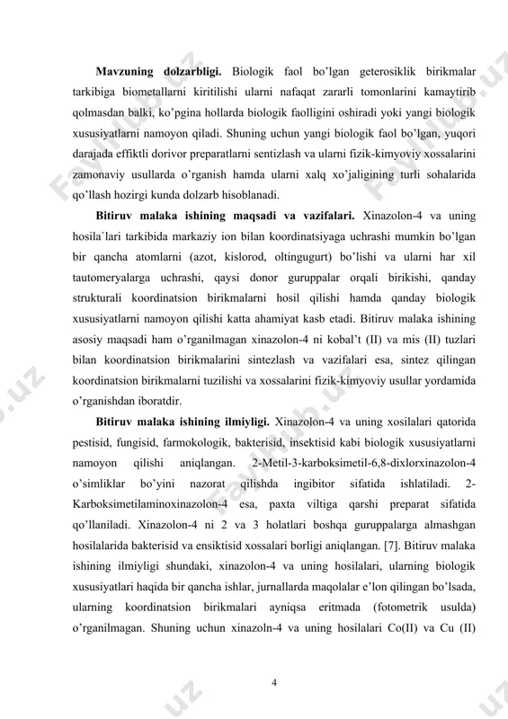 a xalqimiz farovonligini yanada yuksaltirishdir. 2010-yilda o’z oldimizga qo’yayotgan yuksak maqsad, vazifa va rejalar qanday og’ir bo’lmasin, bularning barchasi, avvalo mamlakatimizning taraqqiy topgan davlatlar qatoriga chiqishi yangi qadamdir [3]. mavzuning dolzarbligi. biologik faol bo’lgan geterosiklik birikmalar tarkibiga biometallarni kiritilishi ularni nafaqat zararli tomonlarini kamaytirib qolmasdan balki, ko’pgina hollarda biologik faolligini oshiradi yoki yangi biologik xususiyatlarni namoyon qiladi. shuning uchun yangi biologik faol bo’lgan, yuqori darajada effiktli dorivor preparatlarni sentizlash va ularni fizik-kimyoviy xossalarini zamonaviy usullarda o’rganish hamda ularni xalq xo’jaligining turli sohalarida qo’llash hozirgi kunda dolzarb hisoblanadi. bitiruv malaka ishining maqsadi va vazifalari. xinazolon-4 va uning hosila`lari tarkibida markaziy ion bilan koordinatsiyaga uchrashi mumkin bo’lgan bir qancha atomlarni (azot, kislorod, oltingugurt) bo’lishi va ularni har xil tautomeryalarga uchrashi, qaysi donor guruppalar orqali birikishi, qanday strukturali koordinatsion birikmalarni hosil qilishi hamda qanday biologik xususiyatlarni namoyon qilishi katta ahamiyat kasb etadi. bitiruv malaka ishining asosiy maqsadi ham o’rganilmagan xinazolon-4 ni kobal’t (ii) …