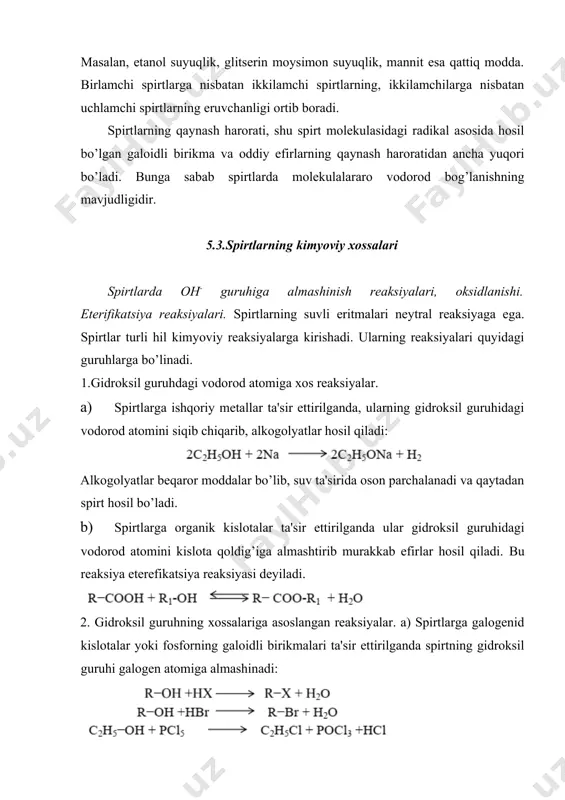 3-benzoltriol) (c) 3- nitro-1-naftol (b) o-benzilfenol (d) 4-xlorrezorsin trigidroksidlar izomerlari digidroksilar kabi noyob nomlarga ega. pirogallol fotografiyada ochiltirgich sifatida ishlatiladi, 1,2,3 benzoltriol xisoblanadi. uch gidroksil guruhlar benzol xalqasida qo’shni o’rinlarni egallagan. pirogallol (1,2,3- benzoltriol) asosiy nomni aniqlashda karboksil va atsil guruhlar fenol gidroksildan ustundir. bu xollarda gidroksil tiklash sifatida izohlanadi. p- gidroksibenzoy kislota 2- gidroksi -4 metilatsetofenon fenol c–o–h 109º burchagi bilan planar xisoblanadi, deyarli tetraedrli burchagi bilan bir hil va 108,5º c–o–h metanol burchagidan farq qilmaydi. fenol metanol biz ba’zi xollarda ko’rib turganimizdek, sp2- gibridlangan uglerod bog’i sp3-gibridlangan uglerod bog’idan qisqaroq va fenollar bundan mustasno emas. fenoldagi uglerod-kislorod bog’ masofasi metanoldagiga qaraganda biroz kamroq. rezonans jixatidan, fenoldagi qisqa uglerod-kislorod masofasi qisman ikkilamchi bog’ xusisiyatiga tegishli va bu konyugirlangan kislorod elektron jufti aromatik xalqa ta’siri natijasidir. fenollarning ko’p xususiyatlari nazarda tutilgan polyarizatsiya rezonans tavsifini aks ettiradi. spirtlarga qaraganda fenoldagi gidroksil kislorod kamroq asosli va gidroksil proton ko’proq kislotalidir. elektrofillar benzolga …