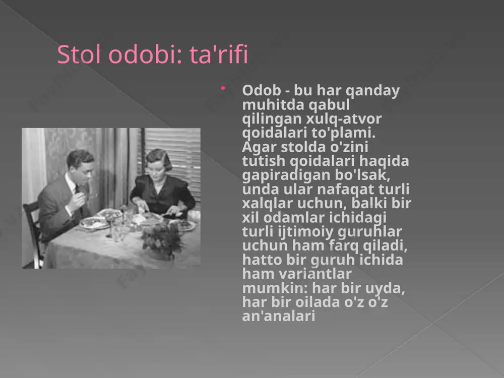 i plastinka chetidan bir oz balandroq bo'ladi, qurilmani o'ng qo'lingizga oling va gazakni almashtiring. o'zingizga aperatiflarni qo'yayotganda, siz ularning gazaklar sonini aqliy baholashingiz va uni mehmonlar soni bilan bog'lashingiz kerak. siz uzoq vaqt va nozik qismlardan o'tmasligingiz kerak. sizga eng yaqin bo'lganini olishingiz kerak. ular bodring va pomidorlarni, mevalarni qo'llari bilan umumiy idishdan olishadi, agar ular umumiy idishga joylashtirilsa. nonni alohida ta'kidlash kerak. u chap qo'l bilan sindirilgan yoki kichik bir bo'lakdan qisilgan. non yoki bulochka plastinkaning chap tomonida, peçete yoki kichik (pirojnoe) plastinkada yotishi kerak. o'ng tarafdagi non qo'shninikidir.shuning uchun non chap qo'l bilan olinadi. sho'rvalar avval bulon juda issiq emasligiga ishonch hosil qiling. qoshiq bilan oz miqdorda bulonni chiqarib oling va qoshiqni lablaringizga yaqinroq olib boring - bu haroratni aniqlash uchun etarli. bir qultum uchun zarur bo'lgan miqdorni darhol cheklash yaxshiroqdir. sho'rvani o'ngdan chapga yoki sizdan uzoqroqqa oling. qoshiqni to'ldirgandan so'ng, pastdan tomchilarni olib tashlash uchun plastinkaning chetiga …