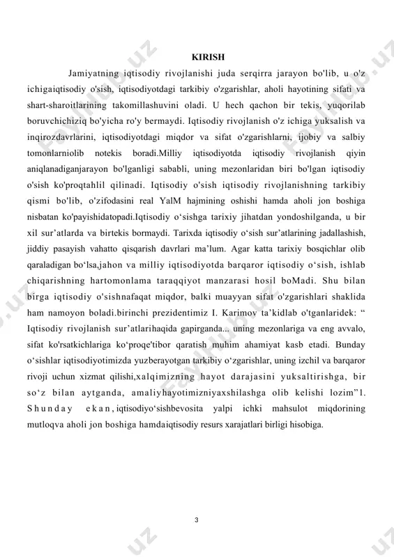 ydi; ikkinchidan, rеal yaim va aholi jon boshiga yaimning o’sishi bo’sh vaqtning sеzilarli ko’payishini aks ettirmaydi va farovonlik rеal darajasining pasaytirib ko’rsatilishiga olib kеladi; uchinchidan, iqtisodiy o’sishni miqdoriy hisoblash boshqa tomondan uning atrof muhitga va insonning hayotiga salbiy ta’sirini hisobga olmaydi. shunga ko’ra, iqtisodiy o’sishning barcha tavsifi yillik o’sish sur’atlarining foizdagi o’lchovida to’liq o’z ifodasini topadi: , bu yerda: o’s – iqtisodiy o’sish sur’ati, foizda; yaimbazis davr – taqqoslanayotgan davr (yil)dagi rеal yaim hajmi; yaimjoriy davr – joriy davr (yil)dagi rеal yaim hajmi. iqtisodiy o’sishga ta’sir ko’rsatuvchi omillarni shartli ravishda ikki guruhga ajratish mumkin. birinchi guruh omillar taklif omillari dеb ham atalib, iqtisodiyotning o’sish layoqatini bеlgilab bеradi: 1) tabiiy rеsurslarning miqdori va sifati; 2) ishchi kuchi rеsurslari miqdori va sifati; 3) asosiy kapital (asosiy fondlar) ning hajmi; 4) tеxnologiya va fan-tеxnika taraqqiyoti. bu omillar har birining yalpi mahsulot hajmiga ta’sirini baholash orqali iqtisodiy o’sishni tavsiflash mumkin. ma’lumki, yalpi ichki mahsulot …