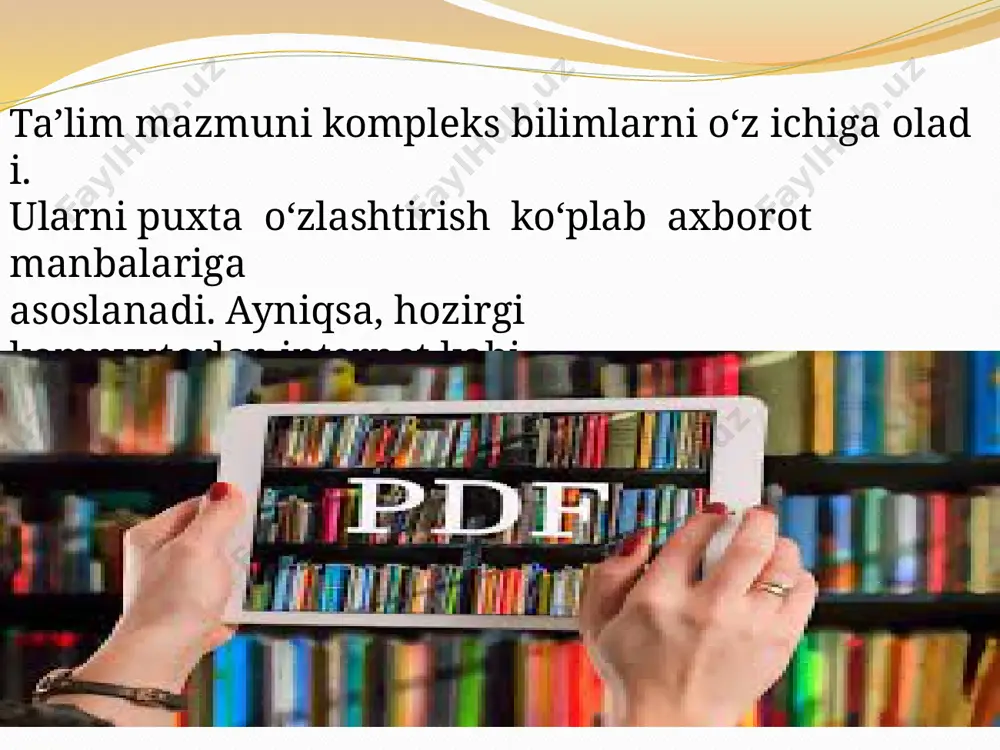 a ish yuritishni bilish kerak. kutubxona rahbari budjet buyurtmalarini asosli ravishda tuza bilishi va ajratilgan moliyaviy mablag‘larning sarflanishi to‘g‘risida hisobot berishga tayyor bo‘lishi darkor. har bir alohida o‘quvchining bilimini kengaytirish hamda ta’lim jarayonida axborotlarni izlash va ulardan foydalanish maqsadida axborotlarning kelib tushishini ta’minlash markazning asosiy vazifasi hisoblanadi. ko‘plab axborot manbalariga ega bo‘lishi uchun kitobxonlarni turli axborot manbalari bilan muomala qilishga o‘rgatish markaz xodimiga qo‘yiladigan kasbiy talabdir. shunga muvofiq, markaz mutaxassislari axborotlar bo‘yicha mutaxassis sifatida da’vat etilganlar. kutubxona mutaxassisining axborot faoliyatini ado etishi uchun quyidagi malakali talablar qo‘yiladi: - maktab o‘quv dasturi talabiga javob beruvchi axborot manbalarini tanlashni ta’minlovchi rejani yozma ravishda bayon eta bilish; -maktabda axborot xizmatini rivojlantira bilish; -o‘qituvchi va o‘quvchilarning axborotga bo‘lgan ehtiyoji va qiziqishini o‘rganish va baholay bilish; -axborot xizmatining muqobil tizimini rejalashtirish; -o‘quvchi va o‘qituvchilarga yordam tariqasida axborot manbalari va bibliografiyasi bo‘yicha yo‘l-yo‘riq ko‘rsatish; - o‘zlashtirilgan axborotlarni saqlashda ilg‘or texnologiya yutuqlaridan foydalana bilish; - axborotlarni izlash …