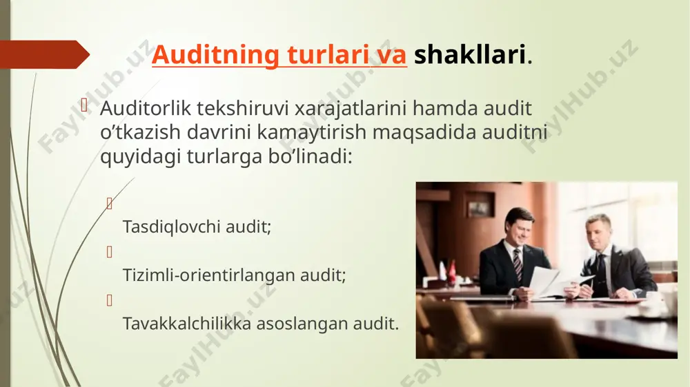 ndan tashqari, tashqi audit natijalari loyihalar, sxemalar, biznes-rejalar, ma’lumotnomalar ko’rinishida taqdim etilishi mumkin. auditorlik tekshiruvi o’tkazilishining majburiy yoki majburiy emasligiga ko’ra 2 ga bo’linadi: tashabbuskorlik auditi. majburiy audit; auditorlik tekshiruvi o’tkazilishining davriyligiga ko’ra ikkiga bo’linadi: dastlabki audit; dastlabki audit auditor yoki auditorlik tashkiloti tomonidan ushbu korxonani birinchi marta tekshirishni anglatadi. davriy audit. davriy audit takroriy shartnomalar orqali bir korxona bitta auditor yoki auditorlik firmasi tomonidan amalga oshiriladi. bu esa, albatta, mijozning malakali auditor bilan uzoq muddatli hamkorlik qilishga bo’lgan qiziqishidan kelib chiqadi. davriy audit dastlabki auditga nisbatan ancha ustundir. xorijiy olimlar auditning dastavval g’arbda ham faqat buxgalteriya hujjatlari va hisobotlarini tekshirish va tasdiqlashdan iborat faoliyat sifatida shakllanganligini tan oladilar. auditorlar asosan dastlabki hujjatlarni, buxgalteriya hisobi registrlarini hamda ular asosida tuzilgan moliyaviy hisobotlarni tekshirgan va tasdiqlagan (yoki tasdiqlamagan). masalan, roy dodj fikricha, auditorlik faoliyati so’nggi 25 yilda uch evolyutsion bosqichni bosib o’tgan: birinchi – tasdiqlovchi audit; ikkinchi – sistemali yo’naltirilgan audit; …