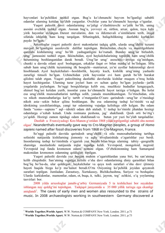 a chaqmoqtosh qurolni suyakdan yasalgan ingichka va uzun tayoq bilan bir necha ming marta urib yupqa tosh paraqalar uchirib, kerakli formaga keltirish tuchuniladi. bu usul juda murakkab bo’lib, salgina ehtiyotsizlik qilinsa, qurol sinib ketgan. retushlangan nukleuslar to’g’ri pichoqsimon shaklga kirgan va yupqalashgan. pichoqlar paydo bo’lgan. bu davrda eng muhim mehnat qurollari tosh kesgich va tosh qirg’ich bo’lgan. tosh kesgich qattiq materiallarni ishlashda foydalanilgan. tosh qirg’ich uzunchoq parrakcha bo’lib, bir uchi yoysimon tig’ bo’lgan, mustьe davridagi qirg’ichdan ancha farq qilgan, undan yumshoq materiallarni ishlashda foydalanganlar. asosiy ov quroli chaqmoqtoshdan yasalgan nayza bo’lgan. ajdodlarimiz yog’och va hayvon suyakdanlaridan ham ko’plab qurollar yasaganlar. suyakdan garpunlar, nayzalar, nayza otqichlar, shuningdek terini tikish uchun ignalar va bigizlar yasashgan. suyakdan qurollar yasash, ayniqsa yuqori paleolit davrining so’ngi bosqichlarida ko’paygan. bu bosqich jahon arxeologiyasida madlen bosqichi deb, (20 ming—13 ming yil oldin) ajratiladi. madlen bosqichida muzlik hududi kengayib, sovuq eng yuqori darajaga yetgan. mamontlar kamayib ketgan, shimol …
