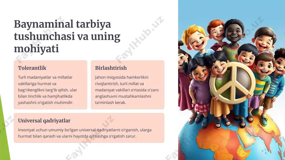 chiqish va joriy etish kerak. 2 madaniyatlararo muloqotni rivojlantirish turli millat va madaniyat vakillari o'rtasida o'zaro aloqa va hamkorlikni rivojlantirish uchun dasturlarni yaratish kerak. 3 ommaviy axborot vositalarini ishlatish ommaviy axborot vositalari orqali tolerantlik, bag'rikenglik va baynalminal hamkorlikni targ'ib qilish kerak. 9 xulosa va takliflar milliy va baynaminal tarbiyani uyg'unlashtirish jamiyat rivojlanishi uchun muhim ahamiyatga ega. ushbu ikki tushunchaning uyg'unligi tolerantlik, hamkorlik va barqarorlikni ta'minlashga xizmat qiladi. ta'lim tizimini takomillashtirish, madaniyatlararo muloqotni rivojlantirish va ommaviy axborot vositalarini samarali ishlatish orqali milliy va baynaminal tarbiyani uyg'unlashtirishga erishish mumkin. 10 image1.png image2.png image3.png image4.png image5.png image6.png image7.png image8.png image9.png image10.png image11.png image12.png image13.png image14.png image15.png image16.png