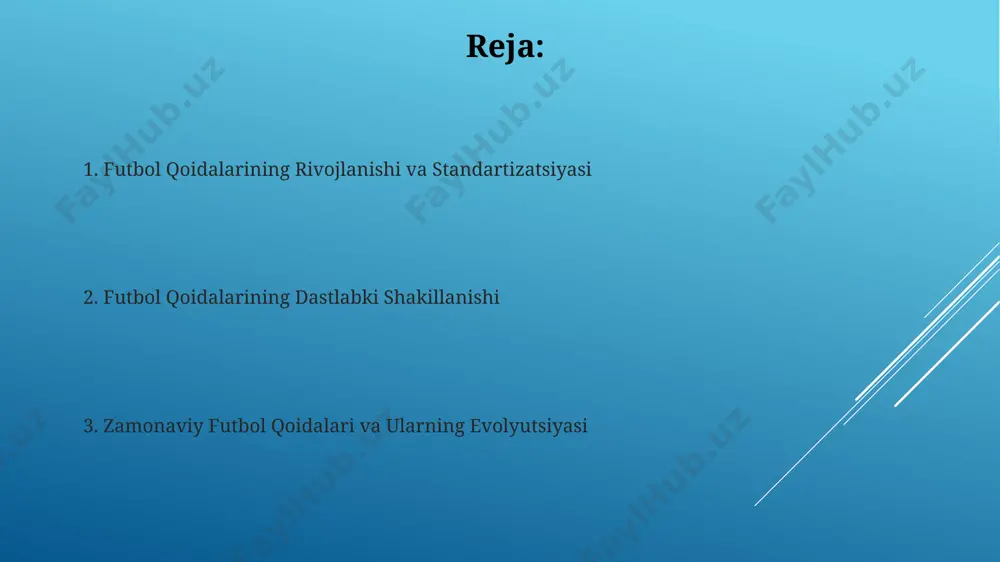 salan, ofsayd qoidasi yanada aniqlashtirildi. 20-asrning boshlarida, professional futbolning rivojlanishi bilan birga, xalqaro futbol federatsiyasi (fifa) tashkil etildi va futbol qoidalari standartlashtirildi, bu esa oʻyinning global miqyosda tarqalishiga va turli mamlakatlar oʻrtasidagi raqobatning kuchayishiga olib keldi, shuningdek, jahon chempionati kabi yirik musobaqalarni oʻtkazishga imkon yaratdi. 19-asrning o'rtalarida futbol qoidalarining shakllanishi 1863-yilda futbol assotsiatsiyasi tomonidan qabul qilingan birinchi rasmiy qoidalar, o'yinning asosiy tamoyillarini, jumladan, 11 nafar o'yinchidan iborat jamoalarni va to'pni qo'lda olib yurish taqiqini belgilash bilan futbolning rivojlanishiga katta ta'sir ko'rsatdi. 19-asrning o'rtalarida, o'yinning ommabopligi o'sib borishi bilan, turli klublar o'rtasidagi qoidalar farqlari muammoning yuzaga kelishiga sabab bo'ldi, bu esa o'yinning standartlashtirilishi zaruratini ko'rsatdi va keyingi yillar davomida bir xil qoidalarni joriy etishga olib keldi. 20-asrda futbol qoidalaridagi o'zgarishlar 20-asr boshlarida, ofsayd qoidasi o'zgartirilib, hujumchilarga darvozabon bilan yuzma-yuz vaziyatlarni yaratish imkoniyati berildi, bu esa o'yinning hujumkorligini oshirdi va gol sonini ko'paytirdi. 1960-yillarga kelib, qo'l bilan o'ynashga oid qoidalar qat'iylashtirildi, penalti …