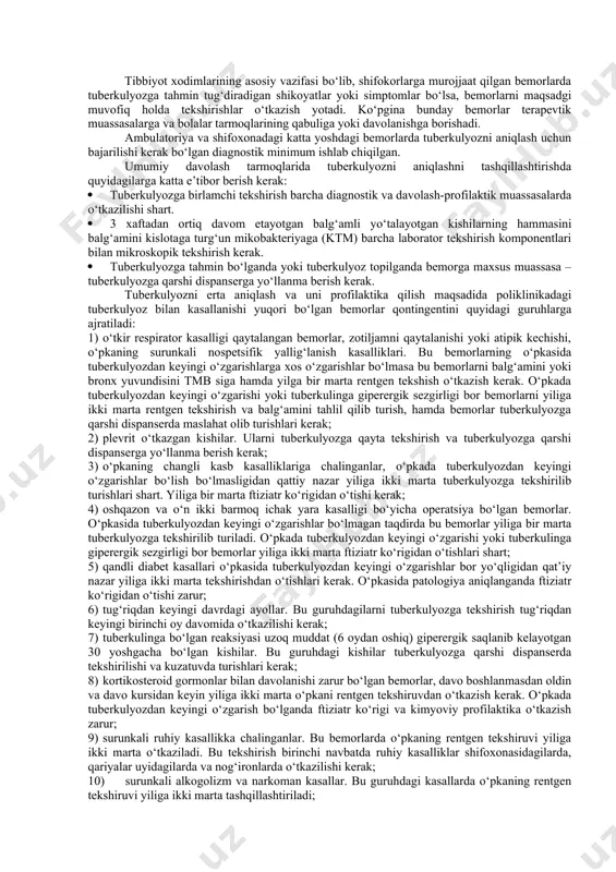 yoz bilan davolanish va profilaktika tadbirlari tekin amalga oshiriladi. sog‘liqni saqlash vazirligi mamlakatda tuberkulyoz bilan kurashishni milliy qonsepsiyasini qabul qildi. milliy qonsepsiya mamlakatimizdagi shu paytgacha bo‘lgan ftiziatriyani va halqaro tajribalariga asoslanib ishlab chiqilgan. umumiy davolash-profilaktika tarmoqlarida bemorlarni faol o‘z vaqtida aniqlash zarur. tuberkulyozni davolash va proflaktikasini dispanser usuli zarur va muhimdir. bemorlarni davolash tuberkulyozga qarshi maxsus muassasalarda kompleks ravishda o‘tkazilishi kerak. davolash muqarrar ravishda standart reja asosida, ammo har-bir bemorga individual yondashish talab qiladi. tuberkulyoz bemorlariga imqoni boricha nog‘ironlikni kamaytirishga qaratilgan to‘liq ijtimoiy mehnat reabilitatsiyasi zarur. davolanganligini baholash etarlicha aniq bo‘lish kerak. tuberkulyozga qarshi chora-tadbirlarni boshqarishni o‘zr sog‘liqni saqlash vazirligi va joylardagi sog‘liqni saqlash boshqarmalari tomonidan amalga oshiriladi. o‘zr sog‘liqni saqlash vazirligida, viloyatlarda, shaxarlarda, tumanlarda hamda bir qancha boshqarmalarda ftiziatriya bo‘yicha bosh mutaxassis (bosh ftiziatr) bor. bu o‘ringa obro‘li o‘z ishini ustasi (mohir) olim va amaliyot vrachlari qo‘yiladi. tuberkulyoz va ftiziopulmonal ilmiy tekshirish instituti mamlakatdagi barcha mintaqalari va viloyatlarni nazorat …