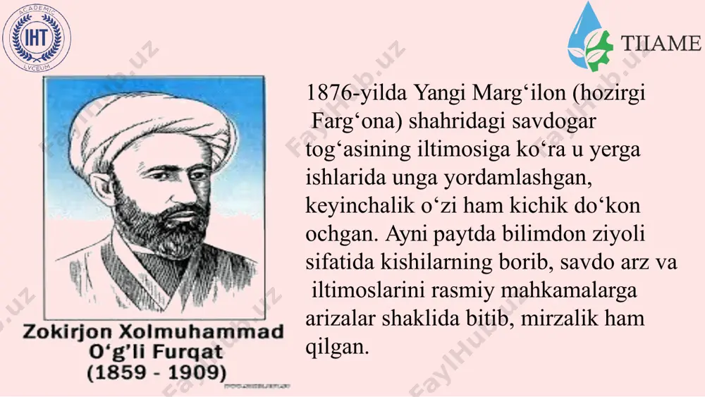 adi. furqat taxminan 1886 - 87 yillarda marg‘ilonga borib, u yerdagi masjidi jome hujrasida istiqomat qilgan, yor-u birodarlari ko‘magida kichik do‘kon ochgan bo‘lsa-da, asosan, she’riyat bilan shug‘ullangan, shaharning ziyolilari, jumladan, xo‘jajon rojiy, muhammad umar umidiy-havoiy, mulla toshboltu royiq kabi ijodkorlar bilan tanishib, adabiy suhbatlar qurgan. furqat toshkentda rus ziyolilari, yevropacha hayot tarzi bilan tanishdi. chor ma’murlari shoirning teatr, gimnaziyaga, turli konsertlarga kiritishni uyushtirdilar, ko‘rgazmalarga olib bordilar. yangi tarixiy sharoit tufayli yuz bergan o‘zgarishlarni mushohada etish natijasida furqat dunyoqarashida jiddiy o‘zgarish bo‘ladi va bu hol uning ijodida o‘z badiiy ifodasini topadi — ma’rifatparvarlik, yevropacha ilm, madaniyat, fan-texnikaga xayrixohlik shoir she’rlarining yetakchi g‘oyasiga aylana boradi. bu esa furqatning ko‘p asrli o‘zbek adabiyotiga yangi mavzular, yangi g‘oyalar olib kirishiga zamin bo‘ldi. toshkentda ochilgan erlar gimnaziyasi, maorif muassasalari, madaniyat va san’at o‘choqlarini, tobora ko‘proq kirib kelayotgan fan-texnika yangiliklarini kuzatish oqibatida uning «ilm xosiyati», «gimnaziya», «vistavka xususida», «akt majlisi xususida», «toshkent shahrida bo‘lg‘on nag‘ma bazmi …