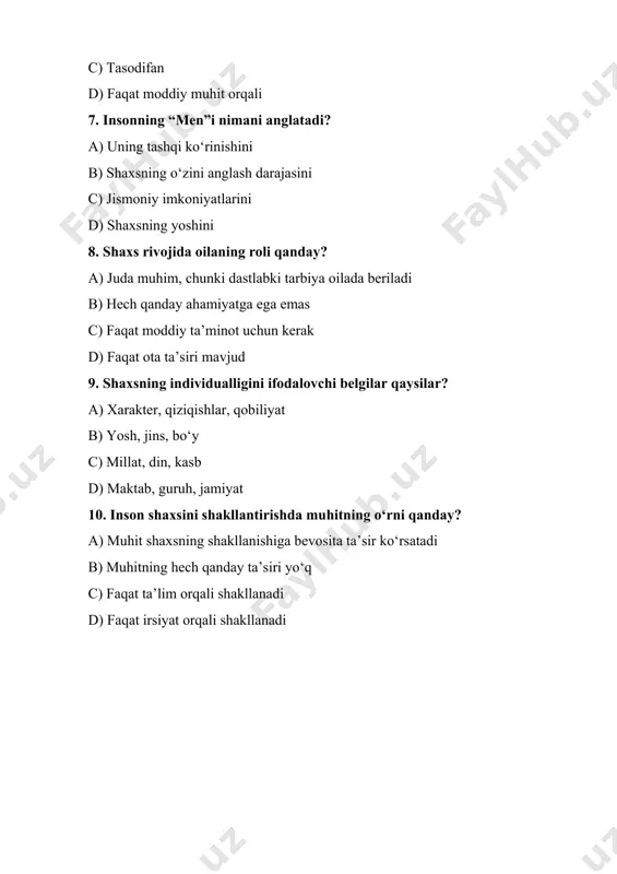 inson shaxsi va individuallik xususiyatlari mavzusida test savollari - Page 3