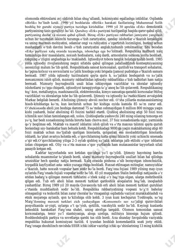 ika partiya va davlat organlarining rahbarlari esa moskva qamoqxonalariga tashlandi. tergov xodimlari 30- yillarda ishlatilgan yaramas usullardan foydalanib, hibsga olinganlarni qiynab, boshqalar ustidan to’qilgan aybnomalarni ularning qo’li bilan qaytadan yozdirib olardi va bu «aybnoma» tobora ko’p begunoh odamlarni qamashga asos bo’lib qolardi. 25 mingga yaqin kishi qiynoq ostiga olinib, so’roq qilindi. 4,5 mingdan ko’proq kishi sud qilinib, turli muddatlarga ozodlikdan mahrum etildi. o’sha yillarda o’zbekiston kompartiyasi mqning birinchi kotibi bo’lib uzoq yillar ishlagan, o’zbek xalqining baxt-saodati yo’lda samarali faoliyat ko’rsatgan sh. r. rashidovning nomi ham badnom qilindi. vafot etib ketgan partiya va davlat arbobining ruhini bezovta qilish nima uchun kerak bo’lib qoldi? o’zbekistonning, o’zbek xalqining sháni-shavkati va qadr-qiymatini oyoq osti qilish uchun kerak bo’lgan edi. buni anglamagan, ayrim mahalliy rahbar xodimlar o’zboshimcha qonunbuzarlarga yordamlashdilar. ommaviy axborot vositalari xalqni dalil-isbotsiz tahqir qilish, halol mehnatkashlarni mánaviy ezishga yo’naltirilgan ko’plab xabarlar, maqolalar berar edilar. natijada butun bir mamlakat va millat badnom qilindi, poraxo’r, …