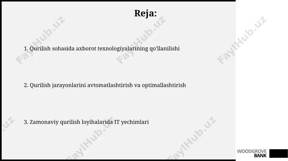 ini beradi. woodgrove bank barqaror qurilish energiya samaradorligini oshirish uchun “barqaror qurilish”da quyosh panellari va geotermal energiya tizimlari kabi kamida 2 ta yangi texnologiyalar qo‘llanilmoqda. “barqaror qurilish”da bim (building information modeling) texnologiyalaridan foydalanish loyihalash va qurilish jarayonlarini 30% gacha tezlashtiradi va xarajatlarni 15% ga kamaytirishi mumkin. woodgrove bank qurilishda axborot texnologiyalarining qoʻllanilishi geodezik ma’lumotlarni qayta ishlash va dronlardan foydalanish orqali 1000 gektar maydondagi yer uchastkasini 2 kunda aniq xaritalash mumkin, bu esa vaqtni sezilarli darajada tejaydi. qurilish loyihalarini 3d modellashtirish va bim (building information modeling) texnologiyalari yordamida amalga oshirish xarajatlarni 15% ga kamaytirish va qurilish muddatlarini 20% ga qisqartirish imkonini beradi. woodgrove bank qurilish jarayonlarini boshqarish qurilish jarayonlarini boshqarishda bim (building information modeling) texnologiyasi loyihalash, qurilish va ekspluatatsiya bosqichlarida xarajatlarni 15-20% ga kamaytirish imkonini beradi, shuningdek, vaqtni tejaydi. zamonaviy qurilish loyihalarini boshqarishda 3d skanerlash va lazer o'lchov texnologiyalari aniqlikni oshiradi va xatoliklar sonini 5-10% ga kamaytiradi, natijada sifatni yaxshilaydi. woodgrove …