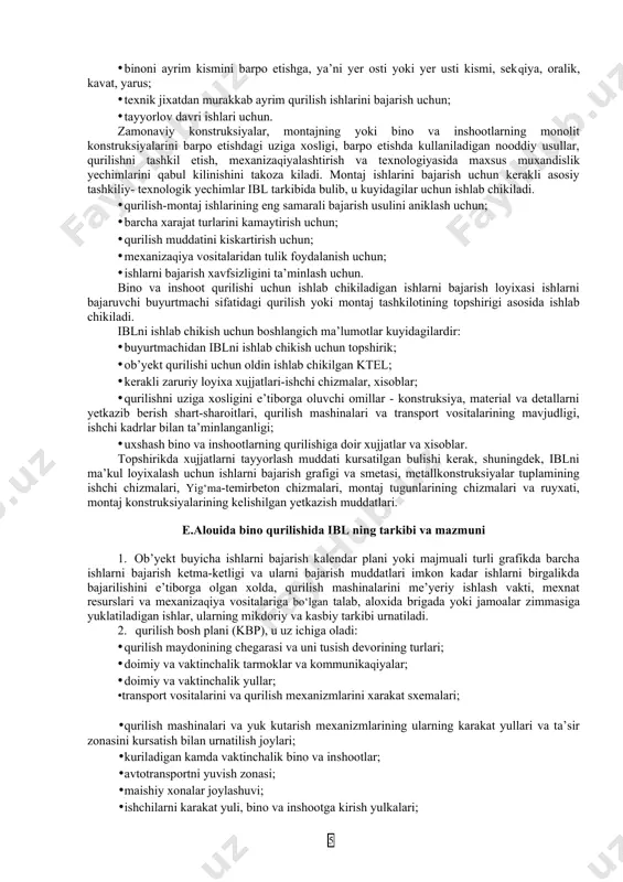 larini aks ettiruvchi kalendar (takvimiy) rejasi. majmua qurilishida ishlarni tayyorlov davri uchun alouida kalendar reja ishlab chikiladi; · qurilishni tayyorlov va asosiy davri uchun qurilishni bosh planlari. ularda barcha mavjud va kuriladigan binolar, kiruvchi yullar, konstruksiyalarni yiriklashtirib yigish maydoniga tegishli ombor yoki beton tayyorlovchi inshoot, ishchi-xodimlarga xizmat kiluvchi maishiy inventar shauarcha, vaktinchalik va doimiy injener tarmoklari bilan birgalikda elektr ta’minoti, montaj va boshka mexanizmlarni turlari, ularni joylashishi va uarakat yullari kursatilishi kerak. qurilish maydonidan chetda joylashgan omborlar va maishiy shauarchalar uchun joylashuv plani ishlab chikiladi va unda barpo etiladigan ob’yektga tegishli barcha maydonlar kursatiladi; · ob’yektlar( barpo etiladigan majmua tarkibiga kiruvchi), montaj, umumqurilish va maxsus ishlarning ruyxati; · barcha majmuaga yoki asosiy inshootlarga kerakli konstruksiyalar, materiallar, buyumlar, jiuozlarning talab kilinadigan ruyxati; · butun qurilish davri uchun asosiy qurilish mashinalari va transport vositalariga bo‘lgan talab grafigi; · asosiy mutaxassis ishchilarga talab grafigi; · tushuntirish xati. u yerda qurilish sharoiti tavsifi, qabul …