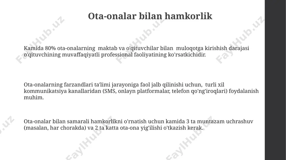 ziqishini oshirish interfaol oʻyinlar va amaliy mashgʻulotlar orqali oʻquvchilar bilimlarni 3 marta tezroq oʻzlashtirib, oʻrganishga boʻlgan motivatsiyasi 15-20% ortadi. differensial yondashuv orqali har bir oʻquvchining qobiliyatini hisobga olib, individual reja tuzish, oʻquv jarayoniga boʻlgan qiziqishni 25% ga oshirishga yordam beradi. oʻquvchilarning 70% dan ortigʻi darslarda faol ishtirok etishsa, oʻzlashtirish darajasi 20% ga oshishi kuzatiladi, bu esa qiziqishning yuqori ekanligini koʻrsatadi. oʻquvchilarning shaxsiy rivojlanishiga yordam berish oʻquvchilarning 5 ta asosiy rivojlanish sohasi (jismoniy, intellektual, ijtimoiy-emotsional, axloqiy va ijodiy)ni har tomonlama qoʻllab-quvvatlash orqali ularning shaxsiy potentsialini ochib berishga qaratilgan pedagogik yondashuv muhimdir. ta’lim jarayonida individual yondashuvni qoʻllash, ya’ni har bir oʻquvchining qobiliyatlari va ehtiyojlarini hisobga olgan holda, 3 dan ortiq oʻquv rejasi variantlarini taklif qilish, ularning shaxsiy rivojlanishiga ijobiy ta’sir koʻrsatadi. oʻquvchilarning oʻz-oʻzini baholash va oʻz-oʻzini tarbiyalash koʻnikmalarini rivojlantirishga qaratilgan faoliyatlarni amalga oshirish orqali, kamida 70% oʻquvchilarning oʻziga boʻlgan ishonchini oshirish mumkin. zamonaviy taʼlim texnologiyalaridan foydalanish zamonaviy taʼlim texnologiyalari, masalan, interfaol oʻquv …