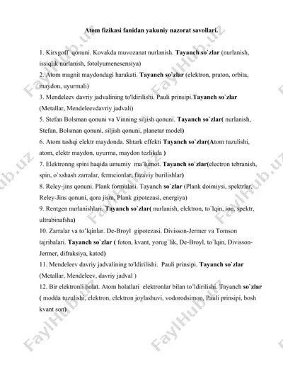 atom fizikasi fanidan yakuniy nazorat savollari — DOCX