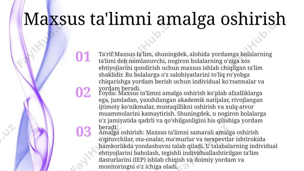 orlar qabul qilishni talab qilish orqali ularning kasbiy o'sishini qo'llab-quvvatlaydi. bu doimiy takomillashtirishga yordam beradi va o'qitish strategiyalarini yaxshilaydi. pedagogik qadriyat: ushbu yangi pedagogik amaliyot talabalarning individual ehtiyojlariga e'tibor qaratish orqali har tomonlama baholash va baholashga yordam beradi. u o‘qituvchilarni har bir o‘quvchining qobiliyatlari, kuchli tomonlari va qiyinchiliklariga qarab baholashni rag‘batlantiradi. talabalarning imkoniyatlarini kengaytirish: ushbu innovatsion yondashuv e'tiborni an'anaviy baholashdan talabaga yo'naltirilgan ta'limga o'tkazadi. bu o‘quvchilarga baholash jarayonida faol ishtirok etish imkonini beradi, o‘z-o‘zini baholash ko‘nikmalarini va javobgarlikni rivojlantiradi. individual ta'lim dasturlari (iep) individuallashtirilgan ta'lim dasturlari (ieps): maxsus ta'lim maqsadlari va xizmatlarini ko'rsatadigan, nogiron o'quvchilarning noyob ehtiyojlariga moslashtirilgan moslashtirilgan o'quv rejalari. alohida yordamga muhtoj bolalarning ta'limi:uzbek translation of "individualized education programs (ieps)," referring to the provision of specialized education for children with disabilities in uzbekistan. “yangi ta'limiy amaliyot sifatida”: inklyuzivlik va shaxsiylashtirilgan ta'limni rag'batlantirish, nogironligi bo'lgan bolalar uchun yangi ta'lim amaliyoti sifatida iepning innovatsion va samarali yondashuvini ta'kidlaydi. eng kam …