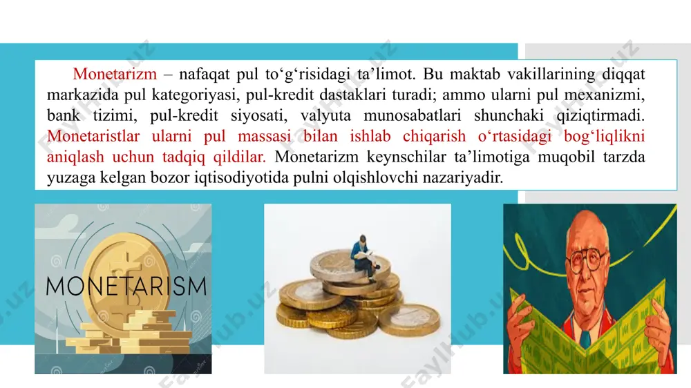 shlab chiqarilgan tovar va xizmatlarning miqdori. tenglamaning chap tomonidagi m • v jami ishlab chiqarilgan tovarni sotib olishga ketgan xaridorlarning umumiy sarflarini va pulning aylanish tezligini bildirsa, o‘ng tomonidagi p • q esa, ushbu ayirboshlanadigan tovarlar miqdori va baholar darajasini bildirdi. agar m • v bir yilda ishlab chiqarilgan tayyor mahsulotlarga sarflangan umumiy xarajatlar bo‘lsa, unda u nominal sof milliy mahsulotga (smm) teng bo‘lishi kerak, ya’ni smm = p • q. kishi bozor iqtsodiyoti sharoitida o‘z boyliklarini har xil shakllarda (pul, qimmatli qog‘ozlar, yer uchastkasi, ko‘chmas mulk va boshqa ko‘rinishlarda) saqlashi mumkin. har kim o‘z boyligini ko‘paytirishga va aynan qaysi shaklda saqlash maqsadga muvofiq kelishiga intiladi. boylikning bir qismini pul shaklida ushlab turish maqsadga muvofiq. negaki pul likvidli, unga har qanday tovar sotib olish mumkin. m.fridmen bo‘yicha, pulga bo‘lgan talab nafaqat moliyaviy aktivlardan keladigan daromadlarga, balki daromad keltirishi mumkin bo‘lgan boshqa boylik shakllariga ham bog‘liq. m.fridmen boylikning beshta asosiy shakllarini …