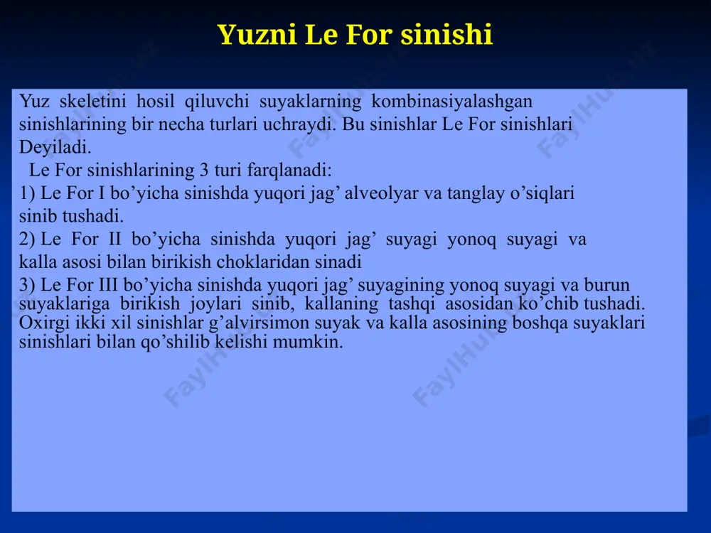 ujayralarining perpendikulyar plastinkasi tagiga, ya'ni qusish ikkalasi ham burun septumining bir qismi. boshqa yoriqlar singari, u ham pterigoidlarning maksillarar sinuslar bilan tutashishini o'z ichiga oladi. csf rinoreya, yoki miyani yuvadigan ozuqaviy moddalar bilan to'kilgan suyuqlikning oqishi, etmoid havo hujayralarining buzilishi sababli bu jarohatlar bilan tez-tez uchraydi, chunki havo hujayralari darhol bosh suyagi tagida joylashgan.[4] yuzning chuqur sohasi yuzning chuqur sohasi (regio facialis profunda) o‘z ichiga asosan, chaynov apparatiga tegishli bo‘lgan turli tuzilmalarni qamrab oladi. shuning uchun uni jag‘-chaynov sohasi, deb ham n. i. pirogov birinchi bo‘lib pastki jag‘ shoxi bilan yuqori jag‘ do‘mbog‘i orasida joylashgan kletchatka oraliqlarini – yuzning chuqur sohasini ta’riflagan.atashadi. chakka osti chuqurchasi (fossa infratemporalis) quloq oldi-chaynov sohasidan chuqurroqda joylashgan va uni tashqaridan pastki jag‘ning shoxi (ramus mandibulae), ichkaridan qanotsimon o‘siqning tashqi plastinkasi (lamina lateralis processus pterygoidei), oldindan yuqori jag‘ suyagining dumbog‘i chakka osti yuzasi (facies infratemporalis tuber maxillae), orqadan bigizsimon o‘simta (processus styloideus), yuqoridan ponasimon suyakning katta …