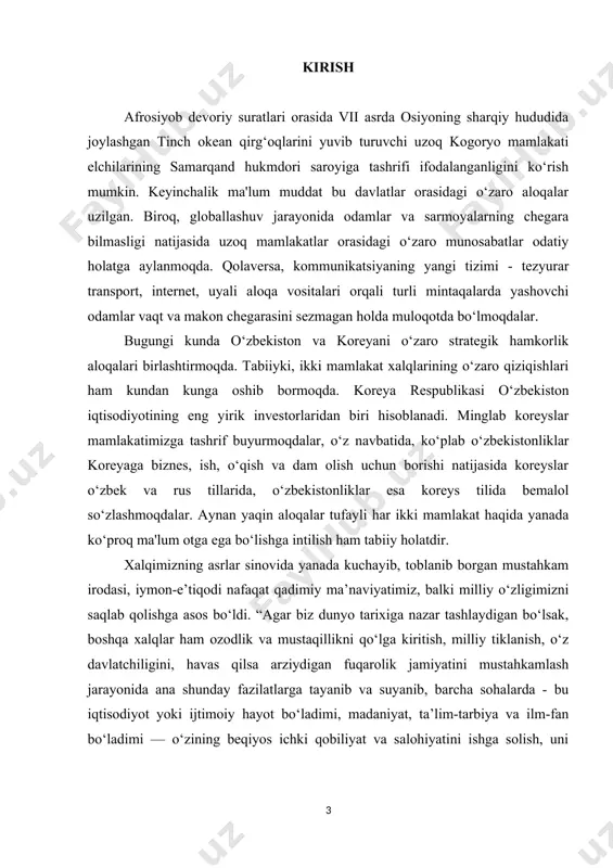 sub ma’naviy fazilatlarni nazarda tutadi. ya’ni, bu xalqlarning ichkidunyosi va irodasi ma’naviyat negizida yanada toblangan, kamolga yetgan. bunday xulosaning tasdig‘ini nafaqat mazkur ikki davlat, balki boshqa mamlakatva xalqlar misolida ham ko‘rish qiyin emas. vijdon pokligi va bedorligi asrlar, zamonlar osha inson ma’naviyatining tayanch ustunlaridan biri bo‘lib kelmoqda. o‘zbekiston respublikasining birinchi prezidenti islom abdug‘aniyevich karimov o‘zining “yuksak ma’naviyat – yengilmas kuch” nomliasarida shunday yozadi:” o‘z tarixini bilmaydigan, kechagi kunini unutganmillatning kelajagi yo‘q. bu haqiqat tarixida ko‘p bora o‘z isbotini topgan”[footnoteref:2]. o‘zbekistan respublikasi istiqlolga erishishi natijasida jamiyatimizning barcha sohalarda tubdan o‘zgarishlar amalga oshirilmoqda. xususan, vatanimiz tarixiga milliy vatanparvarlik nuqtai-nazaridan qiziqish ortmoqda. sovet mustamlakachiligi yillarida eng qadimgi davrlardan to o‘zbekiston mustaqillika erishguniga qadar bo‘lgan tariximiz soxtalashtirildi. endilikda, ya’ni mustaqillik yillarida tarixshunosligimizda bir qator amaliy ishlar amalga oshirildi va amalga oshirilmoqda.hozirgi kunda mamlakatimiz olimlari tomonidan qadimgi dunyo tarixidan boshlab, to hozirgi kungacha bo‘lgan davr tarixi qaytadan o‘rganib chiqilib, unga xolisan yondashish natijasida ko‘plab yangi …