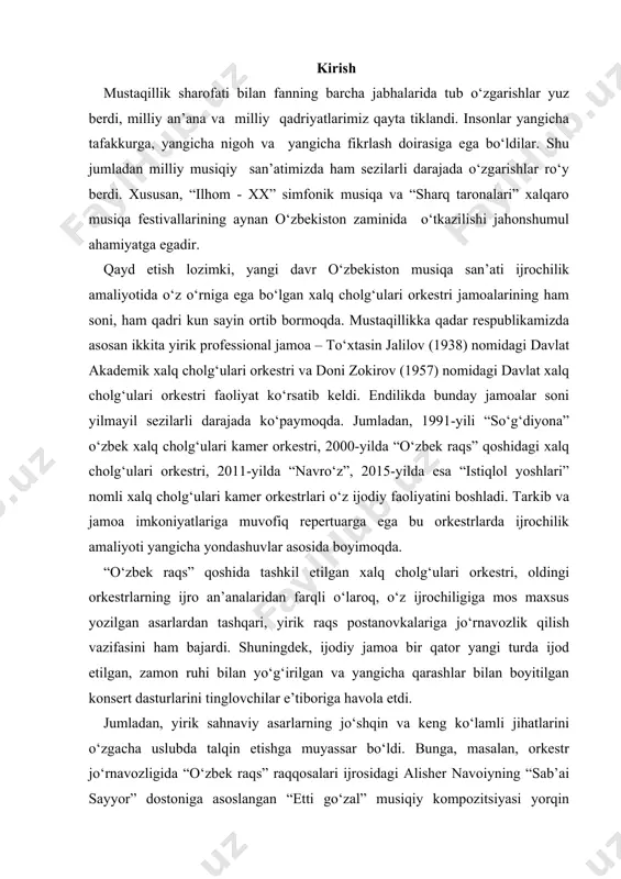 ilik amaliyoti yangicha yondashuvlar asosida boyimoqda. “o‘zbek raqs” qoshida tashkil etilgan xalq cholg‘ulari orkestri, oldingi orkestrlarning ijro an’analaridan farqli o‘laroq, o‘z ijrochiligiga mos maxsus yozilgan asarlardan tashqari, yirik raqs postanovkalariga jo‘rnavozlik qilish vazifasini ham bajardi. shuningdek, ijodiy jamoa bir qator yangi turda ijod etilgan, zamon ruhi bilan yo‘g‘irilgan va yangicha qarashlar bilan boyitilgan konsert dasturlarini tinglovchilar e’tiboriga havola etdi. jumladan, yirik sahnaviy asarlarning jo‘shqin va keng ko‘lamli jihatlarini o‘zgacha uslubda talqin etishga muyassar bo‘ldi. bunga, masalan, orkestr jo‘rnavozligida “o‘zbek raqs” raqqosalari ijrosidagi alisher navoiyning “sab’ai sayyor” dostoniga asoslangan “etti go‘zal” musiqiy kompozitsiyasi yorqin misoldir. lekin ko‘p o‘tmay bu jamoaning faoliyati tugatildi. shunday bo‘lsada, jamoa o‘zining qisqa vaqt ichidagi ijodiy faoliyatida behisob imkoniyatlarga ega o‘zbek xalq cholg‘u ijrochiligi san’atining yangi qirralarini ochishga muvaffaq bo‘ldi. yirik asarlarning sahnaviy talqinidagi jo‘shqinlik va keng ko‘lamlilik jihatlarini o‘zgacha uslub asosida ijro etdi. shu asnoda orkestr jamoasining yana bir ijodiy imkoniyati kashf etildi va tarix zarvaraqlariga …