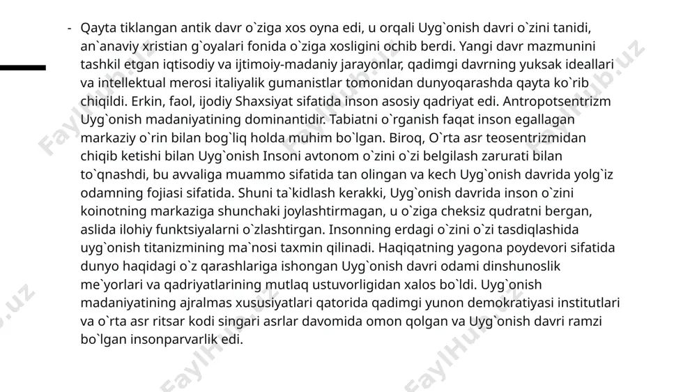 a`sir qilmadi, balki taxmin qilingan teng imkoniyatlar va nafaqat taqiqlamadi, balki hattoki shaxslardan boylikni oshirishga qaratilgan individual tashabbusni, mustaqil faoliyatni, korxonani ko`rsatishni talab qildi. uyg`onish madaniyatining ma`naviy manbalarini, albatta, qadimgi davrlardan izlash kerak, ammo o`rta asrlarning diniy, intellektual, badiiy tajribasi butunlay bekor qilinmadi. ma`lumki, italyan gumanistlari spekulyativ o`rta asr sxolastikasi va doktrinalar ilohiyotiga qarshi bosh ko`tarishgan. shunga qaramay, nasroniylik va cherkov jamiyatda muhim rol o`ynashda davom etganini ham unutmaslik kerak. uyg`onish davri va cherkov rahbarlari o`rtasidagi munosabatlar turli yo`llar bilan rivojlanib bordi; hamkorlik ba`zan ochiq qarama-qarshilikka yo`l ochib berdi. madaniyatning dunyoviy elementlarini rivojlantirib, ular yuksak va ma`naviyatli toifalarini tark etmadilar. aksincha, yuksaklikka intilish uyg`onish davri yozuvchilari va rassomlari uchun ohangni belgilab berdi. uyg`onish davri ateistik davr emas edi, lekin birinchi marta din va ilm-fan qarama-qarshiligini fosh qildi, diniy dunyoqarashning o`zini o`zgartirdi. uyg`onish davri g`oyalarini rivojlantirishning eng muhim sharti bu tabiatni ilmiy bilishga intilish edi, uning g`oyaviy asoslanishi ikkilamchi haqiqat ta`limotida …