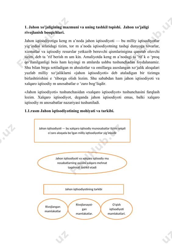 i orqali o‘zaro aloqada bo‘lgan milliy iqtisodiyotlar yig‘inisidir jahon iqtisodiyoti va xalqaro iqtisodiy mu nosabatlarning asosini xalqaro mehnat taqsimoti tashkil etadi rivojlanganmamlakatlar o’qish iqtisodiyoti mamlakatlari. jahon iqtisodiyotining tarkibi rivojlanayot-gan mamlakatlar. jahon xo'jaligi tizimini sodda liolda uning tarkibiy qismlari yoki asosiy qatnashchilari — subyekth rid an iborat mexanizm ko‘rinishida ifodalash mumkin. ushbu subyektlarning asosiylari milliy iqtisodiyotlar, transmilliy korporatsiyalar (tm k), integratsion birlashmalar, xalqaro iqtisodiy tashkilotlar hisoblanadi. milliy iqtisodiyotlar jahon iqtisodiyotining m uhim subyekti sanaladi. milliy iqtisodiyotlarga xos asosiy xususiyat shunchaki, dunyoning aksariyat mamlakatlari iqtisodiy suverenitetni saqlab kelishmoqda. jahon xo'jaligining shakllanish jarayoni amalda kishilik jamiyatining jami tarixini o‘z ichiga oladi. chunki u ishlab chiqarish kuchlarining necha ming yillar davomidagi evolutsiyasining natijasidir. jahon xo'jaligining shakllanishi va rivojlanishi jarayonlarini o‘ziga xos xususiyatlar bilan ifodalanuvchi ayrim bosqichlarga taqsimlash mumkin. birinchi va eng uzoq davrni o‘z ichiga olgan jahon xo‘jaligi belgilari va regional xususiyatlari shakllana boshlagan bosqich buyuk geografik kafishfiyotlar davrigacha davom etgan. buyuk geografik kashfiyotlar …