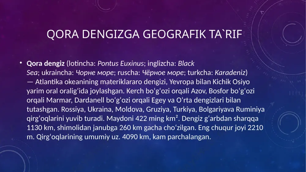 himoli-gʻarbiy qismida qobiq keng tarqalgan; pelit loylari yam-yashil va dengiz sohilidagi yotoq uchun keng tarqalgan. shimoliy-gʻarbiy shelfdagi neft va tabiiy gaz, titanomagnetit qumlari (taman yarim orolining, kavkaz sohilidagi) qirgʻoqlarida joylashgan asosiy foydali qazilmalar orasida. qoradengizning chuqur dengiz choʻkindilarida gaz hidratlari shaklida boʻlgan metan zahiralari birinchi navbatda vniigaz ag efremova va bp jijchenko xodimlari tomonidan 1972-yilda (moskva universiteti nis reysi) zamonaviy hisob-kitoblarga koʻra, 25-49 trillion kub metr gazga yetishi mumkin. etiboringgiz uchun rahmat!!! image2.png image4.png image3.png image5.jpg image6.jpg image7.jpg media1.mp4 image8.png image9.jpg image10.jpg /docprops/thumbnail.jpeg