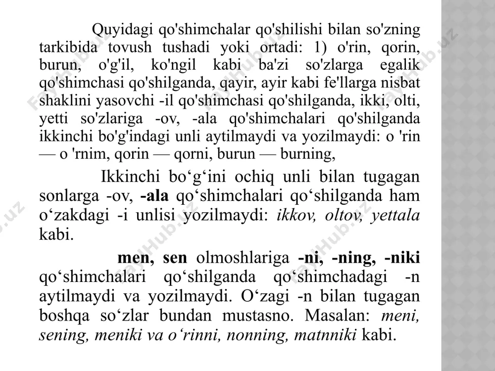 z bosh harf bilan boshlanadi: mustaqillik kuni, xotira kuni, ramazon hayiti, navro'z bayrami kabi. davlatlarning, davlat oliy tashkilotlari va mansablarining, xalqaro tashkilotlarning nomidagi har bir so'z bosh harf bilan boshlanadi: o'zbekiston respublikasi, rossiya federatsiyasi, misr arab respublikasi, o'zbekiston respublikasi prezidenti, o'zbekiston respublikasi oliy majlisining raisi, o'zbekiston respublikasi oliy sudining raisi, birlashgan millatlar tashkiloti, jahon tinchlik kengashi kabi. boshqa tarkibli nomlarda oliy mansabni bildiruvchi birinchi so'zgina bosh harf bilan boshlanadi: bosh vazirning о'rinbosari; mudofaa vaziri, yozuvchilar uyushmasi kabi. vazirliklar va idoralar, korxonalar va tashkilotlar nomi tarkibidagi birinchi so'z bosh harf bilan boshlanadi: sog'liqni saqlash vazirligi, fan va texnika davlat qo 'mitasi, fanlar akademiyasi, tilshunoslik instituti kabi. davlatning oliy darajali mukofoti nomi tarkibidagi har bir so'z bosh harf bilan boshlanadi: „o'zbekiston qahramoni" (unvon), „oltin yulduz" (medal). boshqa mukofotlar, faxriy unvonlar, nishonlar nomidagi birinchi so'zgina bosh harf bilan boshlanadi: ,sog'lom avlod uchun" (orden). savol va topshiriqlar: 1.o’zbek tilining imlo qoidalari qachon qabul qilingan? …