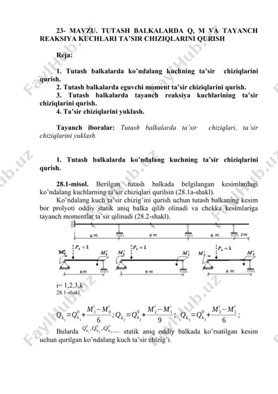 tutash balkalarining ta'sir chiziqlarini qurish — DOCX