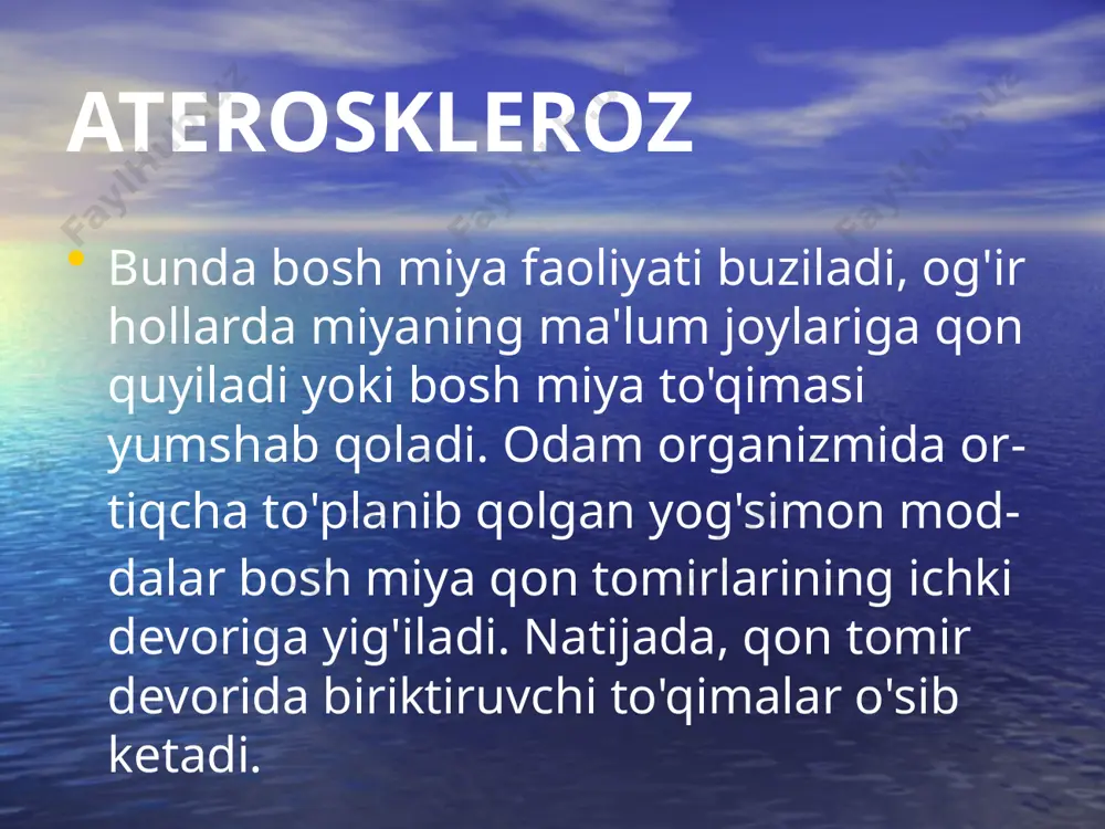 ishi yoki astmasi bor bcmorlarning nafasi qisilib qolishi mumkin. ateroskleroz davosi quyidagilardan iborat: nikotin abstinentini bartaraf ctish va tamaki hidiga salbiy reaksiya hosil qilish; ateroskleroz qo'lga kiritilgan natijalarni mustahkamlash va quvvatlab boruvchi dorilarni davom cttirish. chckish to'xtatib qo'yilganda abstincnsiya belgilari: odamning aqliy va jismoniy ish qobiliyatining kamayishi, lanjlik, xafachilik, uyquning buzilishi, tajanglik, bosh og'riq, quloq shang'illash holatlari kuzatiladi. chckuvchilarda bu holatlar chckkan vaqtda o'tib ketadi. ateroskleroz chckishni tashlayotgan kishilarga dorilar bilan psixoterapiya, refleksoterapiya, fiziotcrapiya usullari birgalikda qo'llaniladi. dori- lardan tabeks, lobesil, pilokarpin beriladi, bu dorilar nikotin xumorini kamaytiradi. tamakiga bo'lgan maylni bosish uchun seduksen, tazepam, fcnazepam, ctaperazin, neuleptil, teralen buyuriladi. bular bilan birga, neyroleptiklar berish yaxshi samara beradi. lanjlik holatlarida esa vitaminlar tavsiya etiladi. adabiyotlar aliyev m.a. “asab kasalliklari” e’tiboringiz uchun raxmat image1.jpeg image2.jpeg image3.jpeg image4.jpeg image5.jpeg image6.jpeg image7.png image8.jpeg image9.jpeg