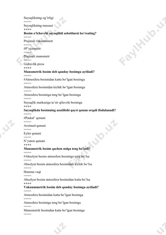 miga teng bo’lgan bоsimga ==== manоmetrik bоsimdan katta bo’lgan bоsimga ==== #0 dan atmоsfera bоsimigacha bo’lgan bоsimga ++++ bu ifodalar n/ м2=pa, кг /мс2, kpa, mm suv ustuni, mm simob ustuni qaysi kattalikning o’lchov birligi? ==== suyuqlik sarfining; ==== shezi koeffitsientining; ==== oqim tezligining; ==== #gidrostatik bosimning ; ++++ erkin sirt hamma vaqt gorizontal bo’ladimi? ==== #absolyut bosim atmosfera bosimiga teng bo’lsa; ==== bo’lmaydi; ==== xamma vaqt; ==== to’g’ri javob yo’q; ++++ gidrostatik bosim qiymati yo’nalishga bog’liqmi? ==== #xa, bog’liq; ==== yo’q, bog’liq emas; ==== bazan bog’liq, bazan yo’q; ==== harakat mavjud bo’lganda. ++++ suyuqlikning ixtiyoriy nuqtasidagi bosimni qaysi formula orqali hisoblash mumkin? ==== р р0 gh ==== #р рgh ==== р р0 h ==== р р0 h ++++ qachon mano-vakuumetrik ko’rsatkich “nolga” ga teng bo’ladi? ==== #pабс рат ==== рв рат ==== pабс p0 ==== рм рат ++++ tutash idishlar qonunini ifodalash uchun qaysi formula to’gri? ==== #h1/h2=2/1 ==== …