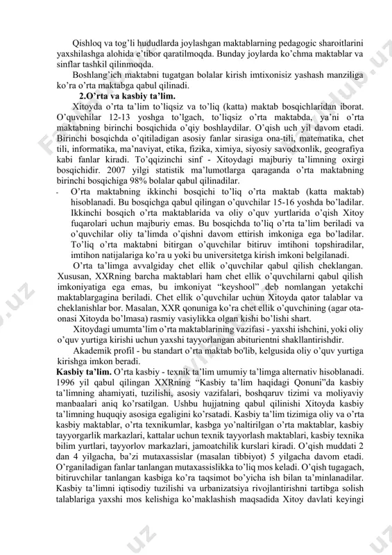 yaxshi biladilar, lekin bu xususiyatlari tug’ma deb hisoblamaydilar. bolalar bog’chasida o’zaro urushlar, erkaliklar, kattalar talabiga bo’ysunmaslikka yo’l qo’yilmaydi. yomon intizom ilk ko’rinishidayoq bartaraf etiladi, agar bola o’zini yomon tutsa, tarbiyachi uning yoniga kelib, bu holatini sezganini bildiradi, lekin gapirmaydi. bola o’z aybini tushungachgina tarbiyachi uning nomini aytib chaqiradi. urish, xonadan haydab chiqarish, umuman jazolash man etiladi. intizomni yaxshi ushlab turishning samarali yo’li bu - taqqoslash va rag’batdir. tarbiyachilar bolalarga quyidagi savollarni beradilar: · shunday qilsa to’g’ri bo’ladimi? · nega noto’g’ri deb hisoblaysiz? · to’g’ri bo’lishi uchun nima qilish kerak? · kim to’g’ri qildi? bolalar diqqat bilan eshitadilar va to’g’ri hayotiy misollarni eslab qoladilar. har bir tartibsizlikka tenbeh beriladi, aks holda bola bu tarbiyasizlikni to’g’ri hisoblab, o’ziga singdirib olishi mumkin deb hisoblanadi. · buyuk xitoy filosofi konfutsiy “bolalar to’g’ri intizomli bo’lib tug’ilmaydilar: ularning xarakterlari tajribada shakllanadi, ustoz esa to’g’ri tarbiyaga mas’uldir. tarbiyachilar o’ta bosiq, qat’iyatli bo’lishlari lozim”- deb ta’kidlagan. xitoy maktabgacha …
