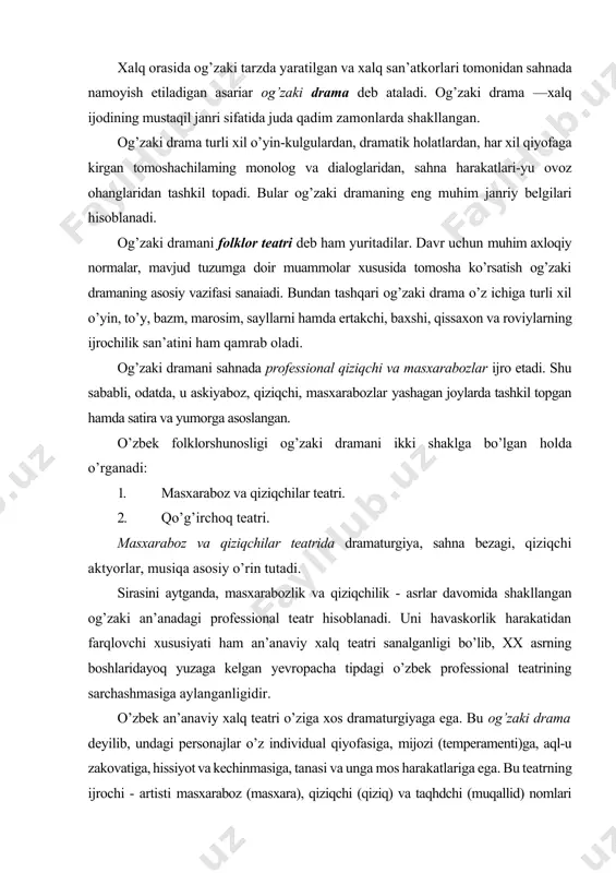 z va qiziqchilar teatrida dramaturgiya, sahna bezagi, qiziqchi aktyorlar, musiqa asosiy o’rin tutadi. sirasini aytganda, masxarabozlik va qiziqchilik - asrlar davomida shakllangan og’zaki an’anadagi professional teatr hisoblanadi. uni havaskorlik harakatidan farqlovchi xususiyati ham an’anaviy xalq teatri sanalganligi bo’lib, xx asrning boshlaridayoq yuzaga kelgan yevropacha tipdagi o’zbek professional teatrining sarchashmasiga aylanganligidir. o’zbek an’anaviy xalq teatri o’ziga xos dramaturgiyaga ega. bu og’zaki drama deyilib, undagi personajlar o’z individual qiyofasiga, mijozi (temperamenti)ga, aql-u zakovatiga, hissiyot va kechinmasiga, tanasi va unga mos harakatlariga ega. bu teatrning ijrochi - artisti masxaraboz (masxara), qiziqchi (qiziq) va taqhdchi (muqallid) nomlari bilan yuritiladi. artist faoliyatining asosini satira va yumor, aniqrog’i, hajv va tanqid, hazil, tanqid va piching, istehzo va kesatiq, qahqaha va xanda tashkil etgani bois u nomiga mazkur so’zlarni laqab sifatida qo’shib olgan. demak, uning ijrochilik faoliyati shu yo’nalishga qat’iy yo’naltirilgandir. qolaversa, «masxaraboz» arabcha va tojikcha so’zdan yasalgan bo’lib, kulish, mazax va taqlid qilish asosida ish ko’ruvchi …
